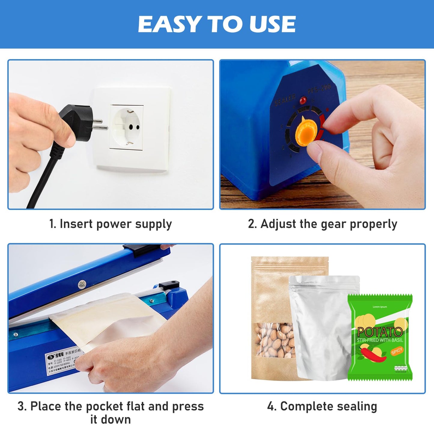 300 mm film sealing machine - Hand-operated sealer with 3 mm sealing width, 8-level temperature control, suitable for plastic bags, aluminum foil bags, kraft paper bags Blue