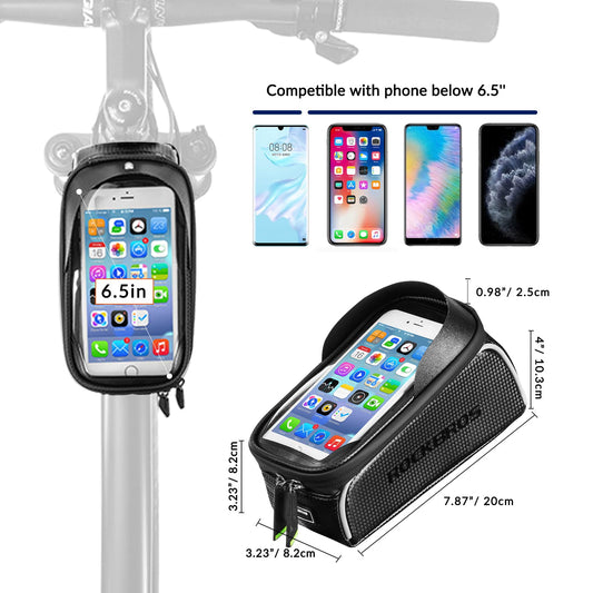 ROCKBROS bike frame bag water-repellent handlebar bag, top tube bag touchscreen for smartphones up to 6.5 inches road bike MTB gravel bike.