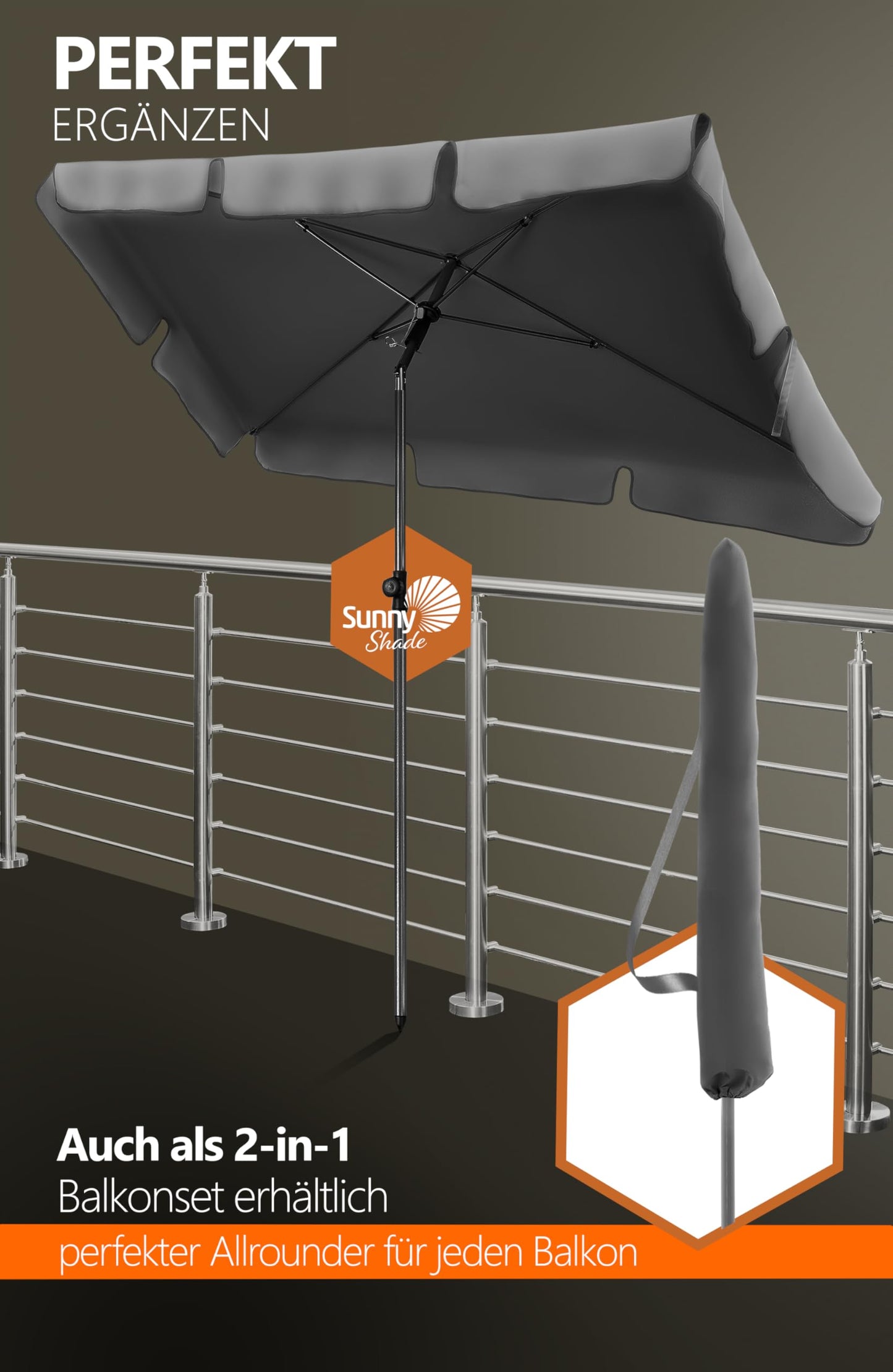 4smile balcony umbrella 200x125 cm with cover, Taupe - UV50+ rectangular and adjustable height sun umbrella, perfect for balcony sun protection as a replacement for cantilever umbrellas.