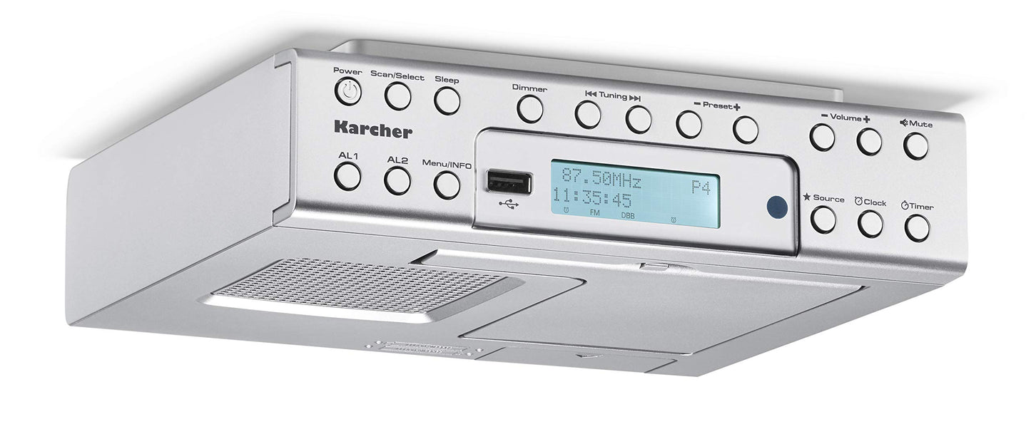 Karcher RA 2030D Under Cabinet Radio with DAB+ / FM Radio (20 presets each) and MP3 playback - Alarm clock (Dual Alarm) / Countdown Timer - Smartphone holder & USB charger - Remote control