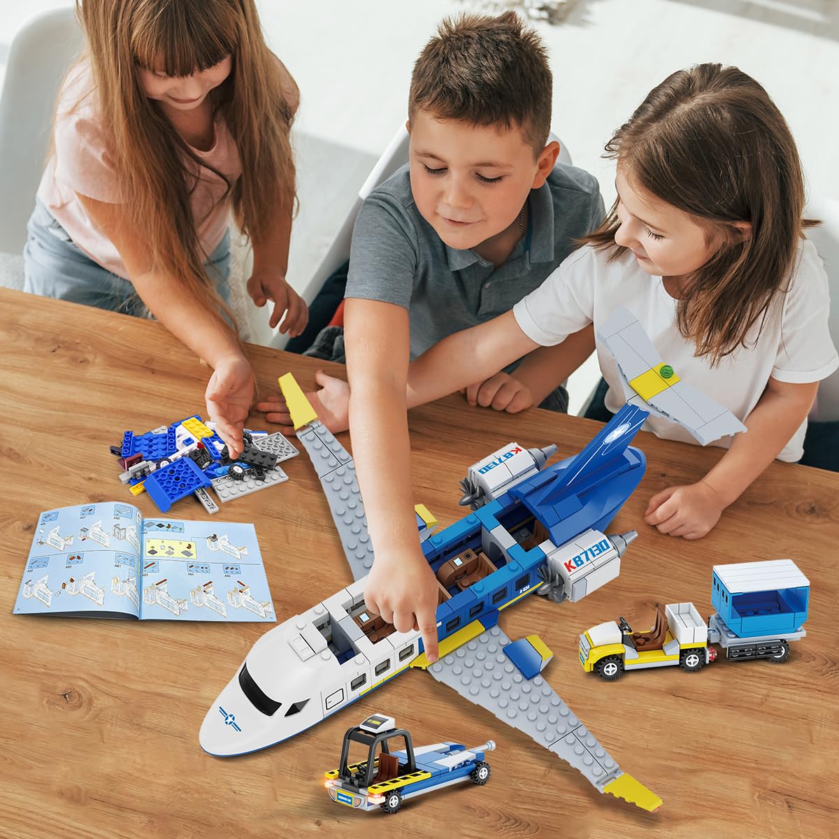 CUBIMANA City Passenger Plane Building Set, 3 IN 1 airplane building set with terminal, radar tower, luggage cart. Aircraft model building blocks toy gift for boys, girls, kids 6, 7, 8, 9+ years old.