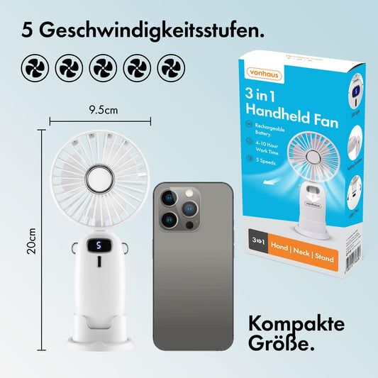 VonHaus handheld fan - lightweight, portable, small USB fan with 5 speeds - folds up 90°, with 60cm strap and phone holder - mini fan for desk, home, office (white)