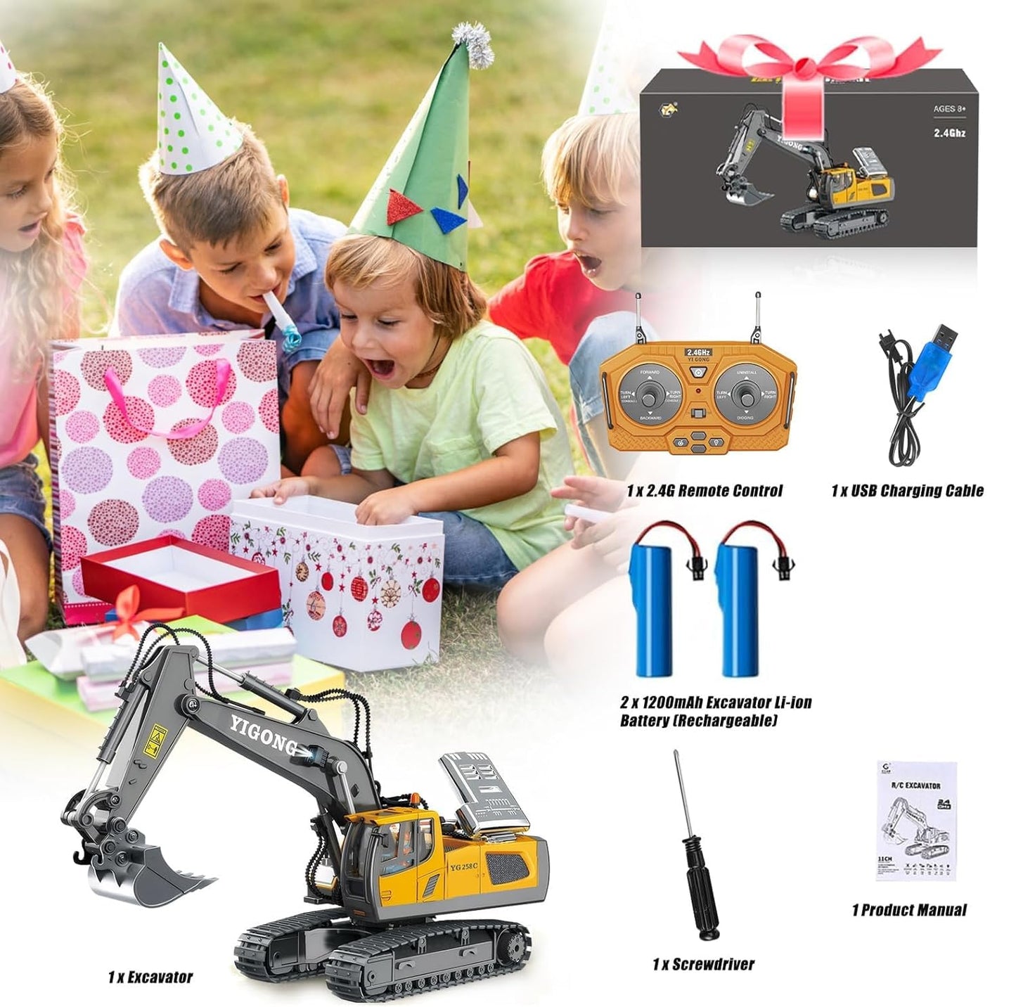 KIYTARBOO Remote Control Car Excavator Toy for ages 3 and up. Metal remote control sand vehicle, 11 channels, 2.4GHz RC excavator with lights and sound, 680° rotation. Great gift for boys aged 5-12.