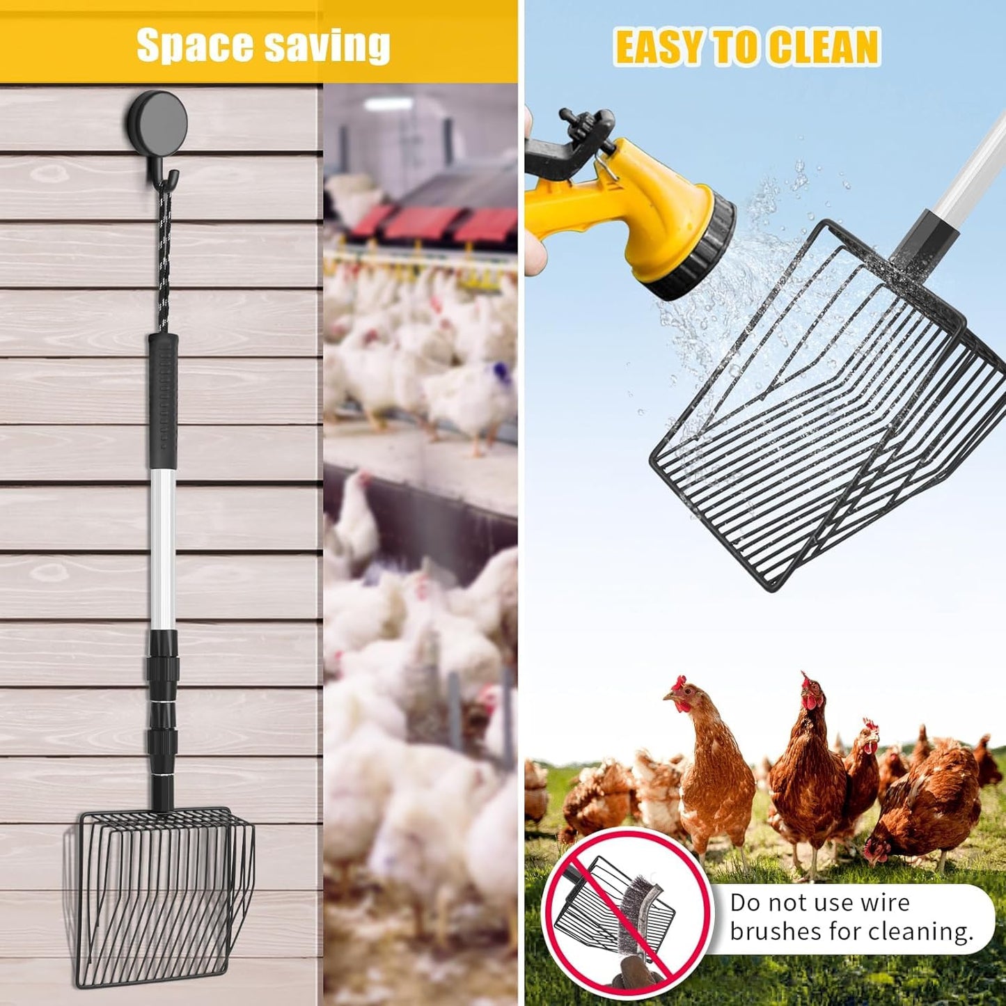2pcs Chicken Coop Accessory Chicken Poop Scooper Adjustable Poultry Shovel for Cleaning Sieve Scoop for Chicken Coop Separating FECES and Debris from Sand Chicken litter Shovel Accessory