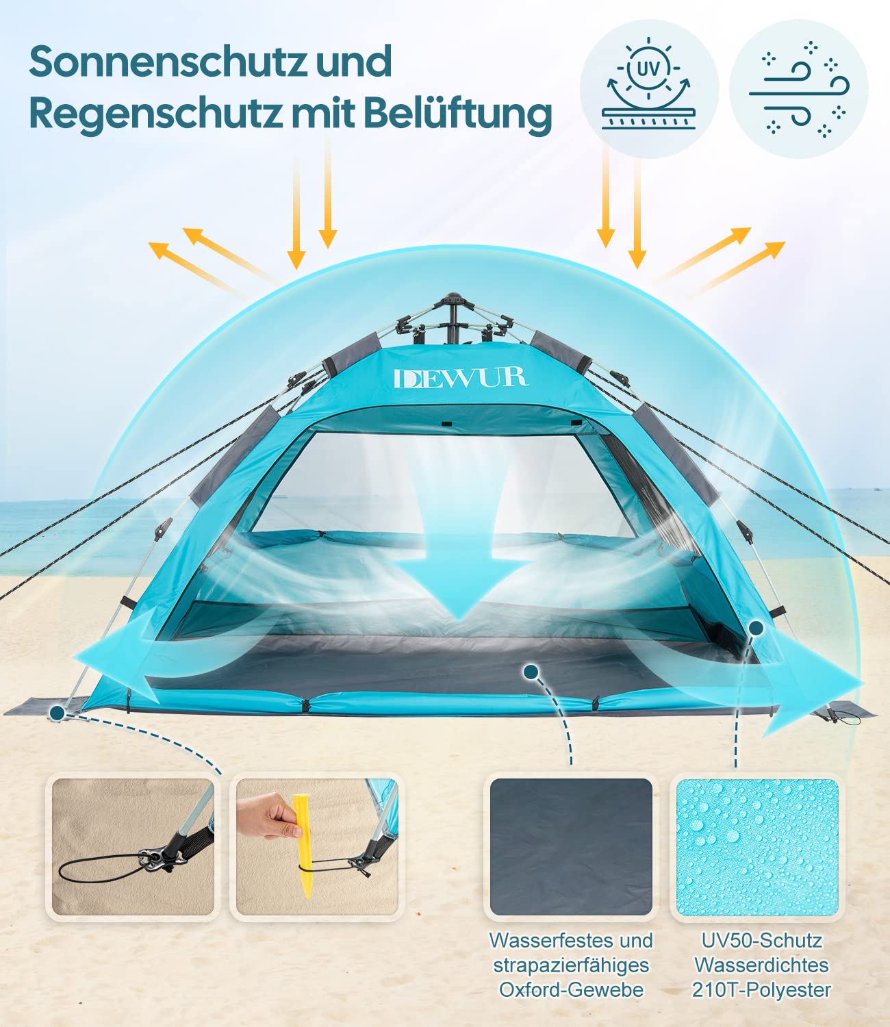 Dewur Beach Tent 2-4 People Pop Up Beach Shelter UPF 50+ UV Sun Protection Waterproof for Family Beach Camping Garden, Blue