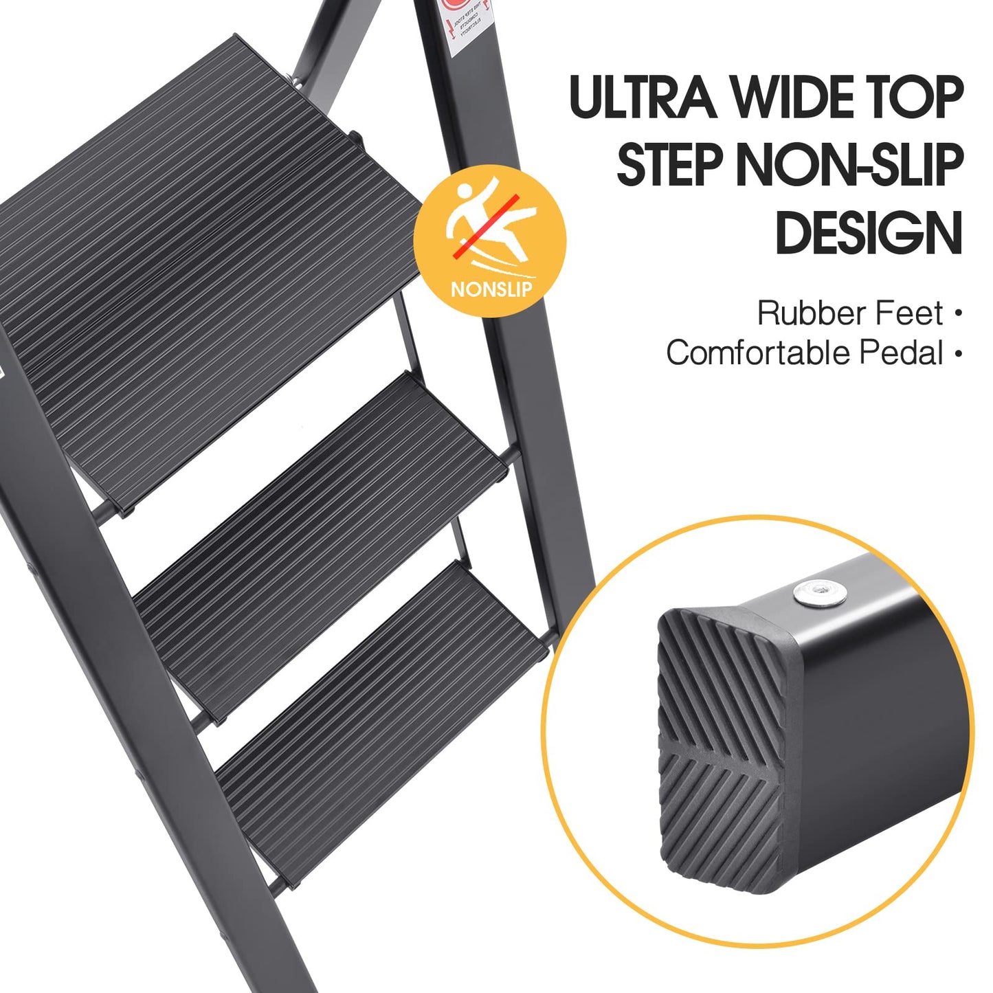 KINGRACK Aluminum Ladder, 3-Step Folding Step Ladder with Handrail, 150kg Capacity, Non-Slip Household Ladder with Locking Mechanism, Aluminum Ladder for Home, Office, Garden, Black.