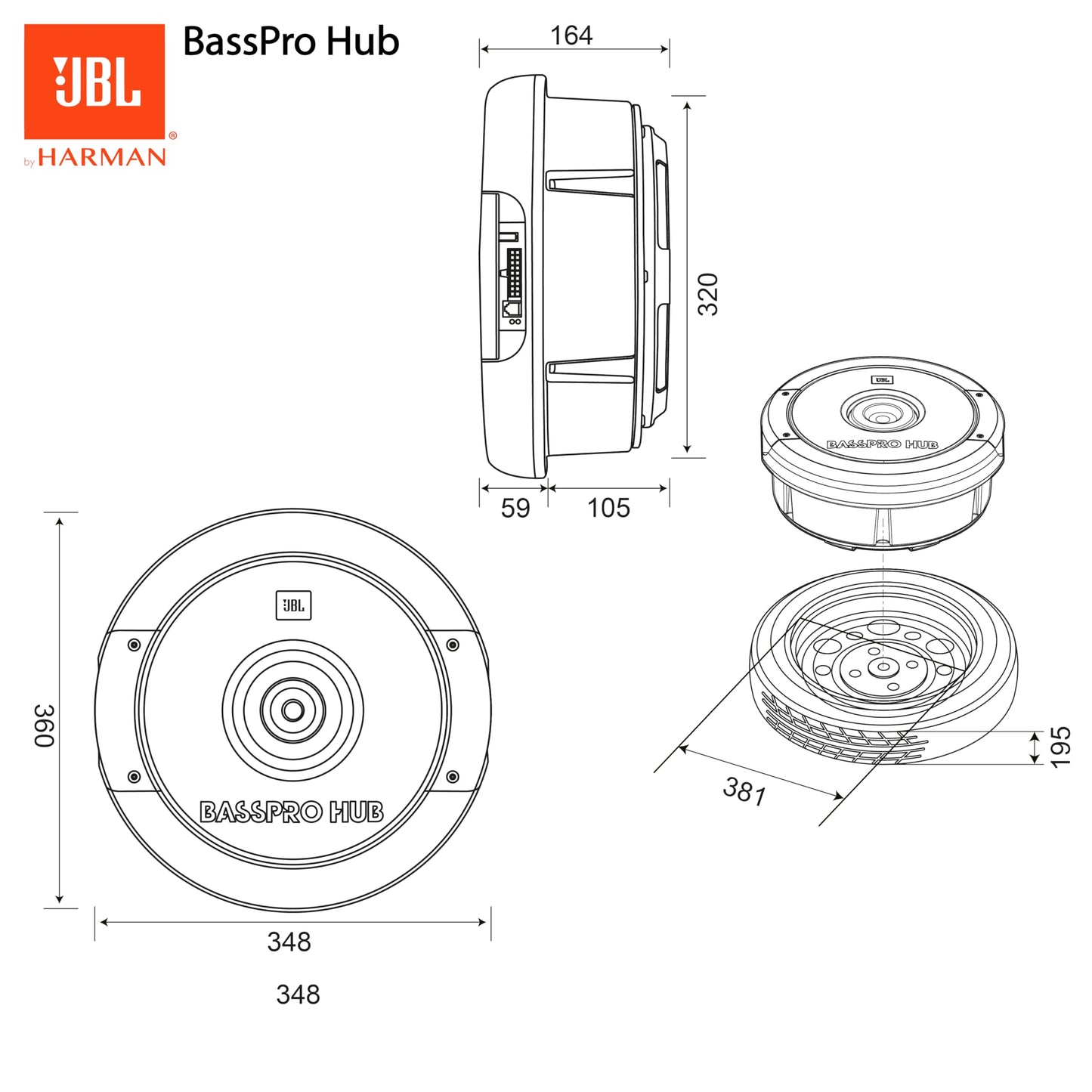 JBL BassPro Hub 11" Spare Tire Active Subwoofer Set - 300 Watt car subwoofer with built-in amplifier and fiberglass woofer for spare tire hub, Black