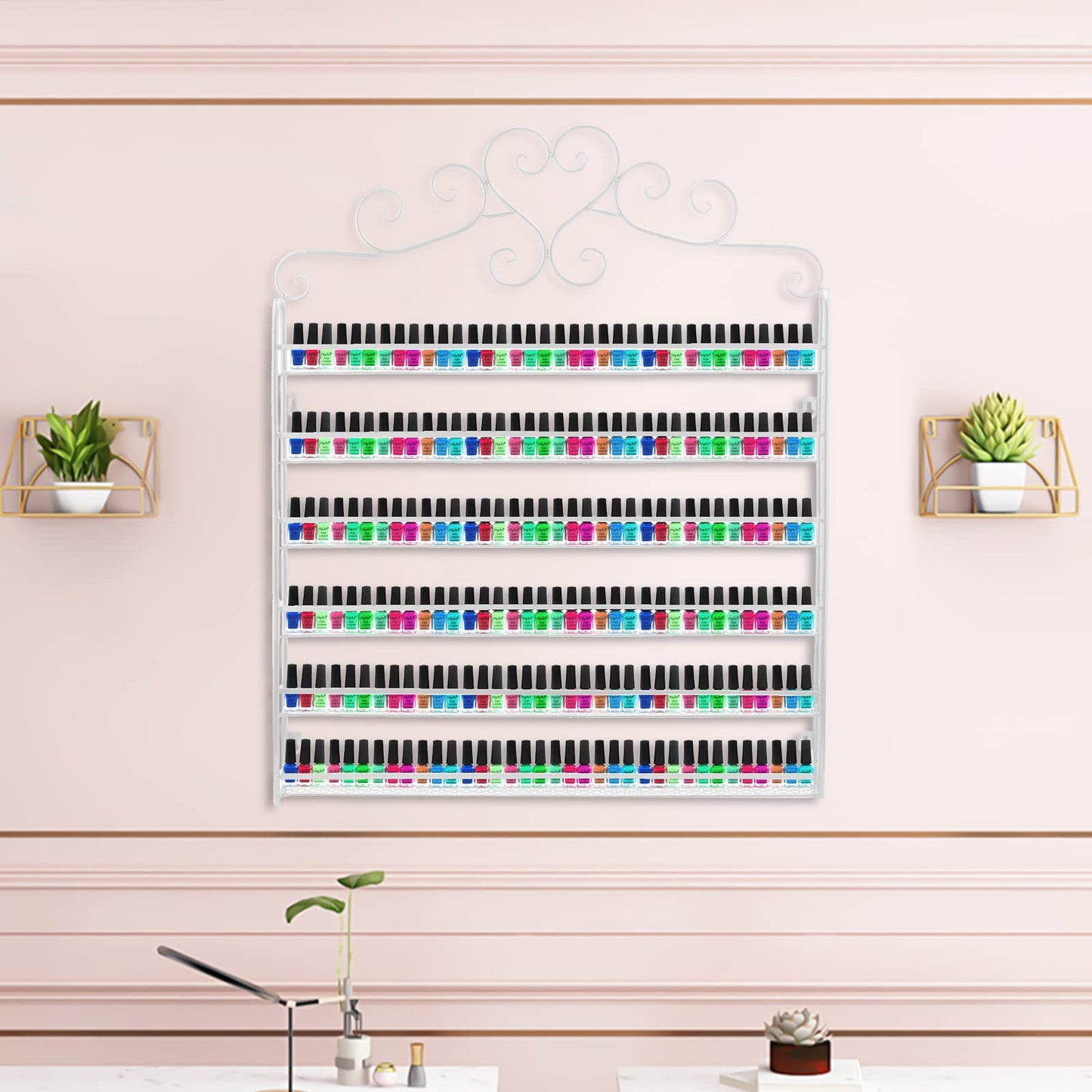 FullBerg 6-tier Metal Nail Polish Stand Wall Shelf Round, Nail Polish Shelf Storage Display Vanity Organizer Lipstick Stand Shelf Women Makeup Organizers, Shelves for Nail Polish (White)