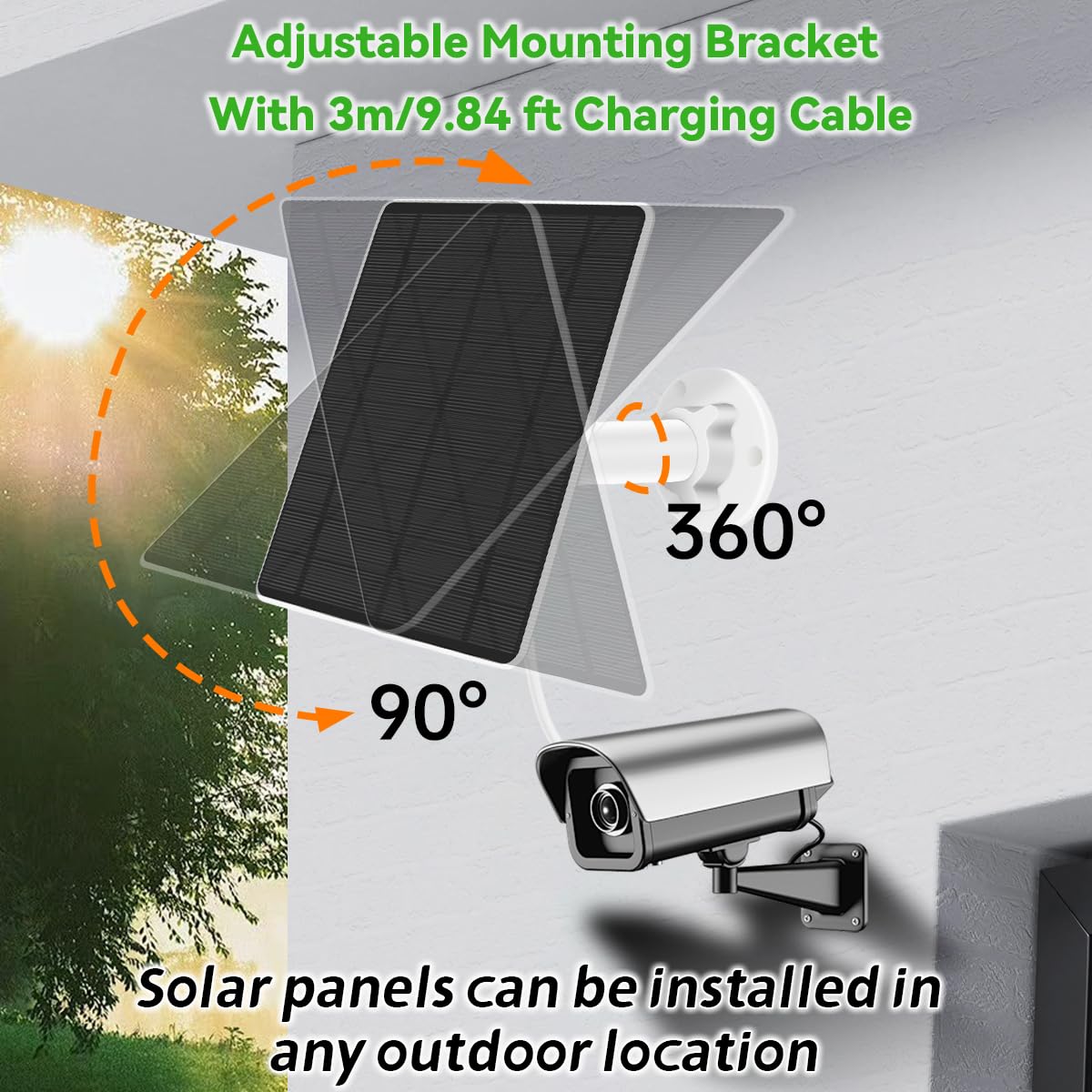 Eufy Security Solar Panel (5W) is compatible with EufyCam. It has a 5V solar panel with a USB-C connector, a micro USB adapter, and is IP65 weatherproof for outdoor surveillance and camera charging.