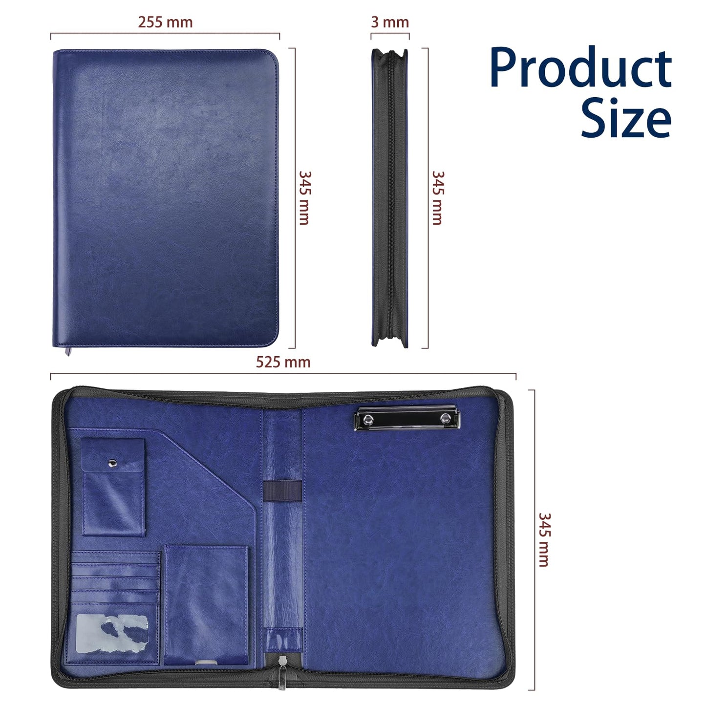 NEWYES A4 document folder, water-resistant with zipper & clipboard, faux leather portfolio perfect for business trips, teachers as a gift, or office use - Dark Blue.