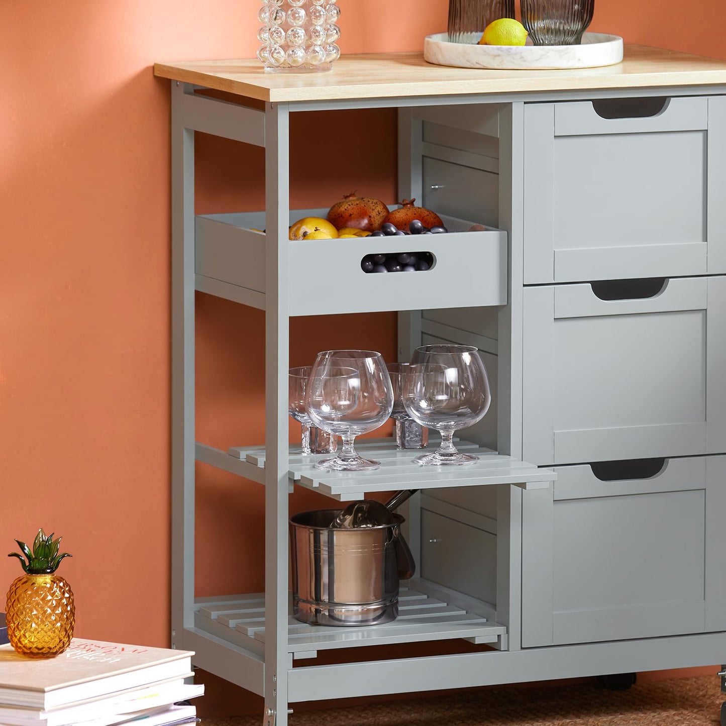 SoBuy serving trolley with wheels - kitchen trolley with 2 removable shelves and 1 tray - serving cart trolley for kitchen, living room, dining room - light grey, 68x85x38 cm, up to 50 kg, MDF, FKW79-HG.