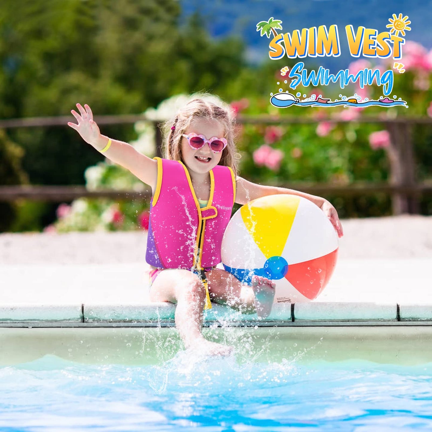 Petiyark Adjustable Kids Swim Vest, Neoprene Swim Aid for Children, Lightweight and comfortable, Supports swim training, Suitable for boys and girls aged 3-6 years - Pink.