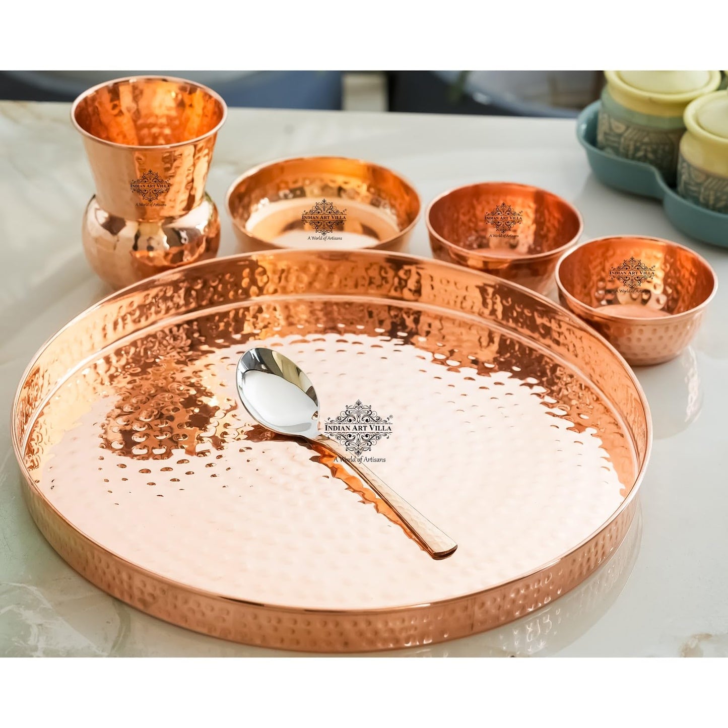 IndianArtVilla Thali/Dinner-Set, handcrafted, pure copper, 8 pieces