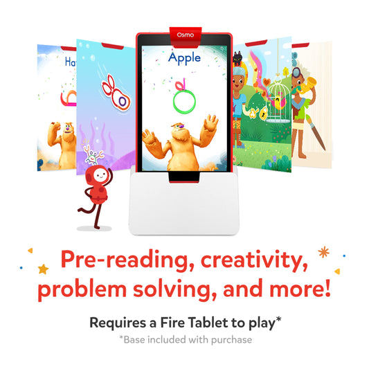 Osmo - Little Genius Starter Kit for Fire Tablet - 4 Learning Games - Ages 3-5 - Letters, Sounds, Creativity - Digital play with real game pieces - (includes Osmo Base for Fire) - German translated