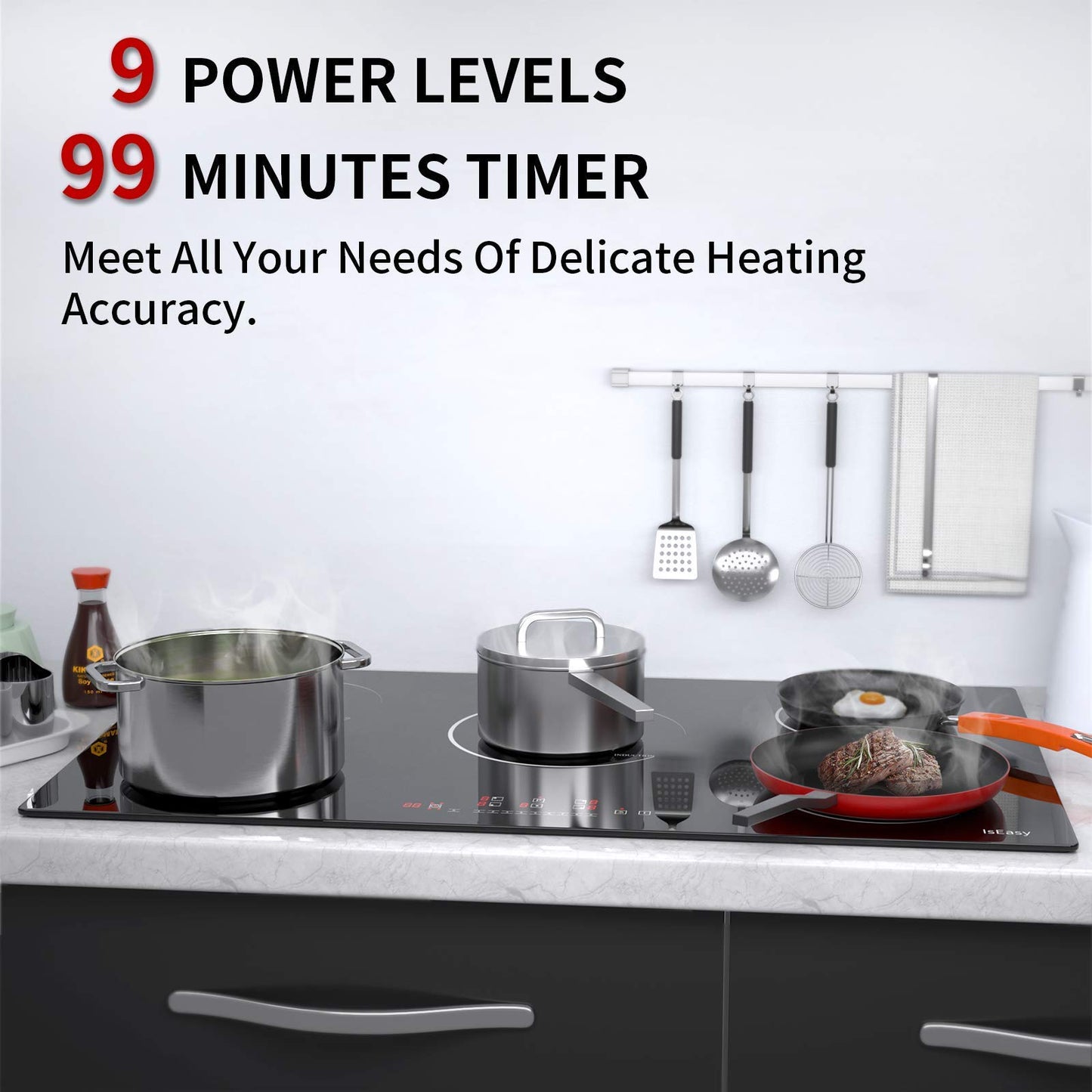 Induction hob 5 zones, IsEasy 90cm Frameless Induction hob, Induction hob with 5 cooking zones, 8600W, Booster function, Digital control, 9 heat levels, Glass ceramic.