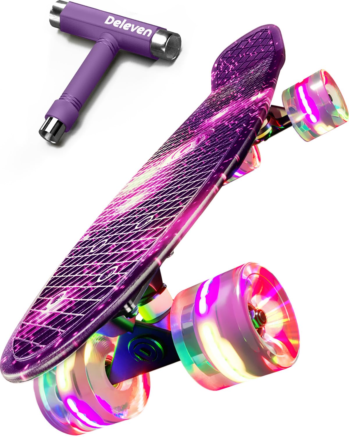 Deleven skateboard with LED wheels, skate tool, and ABEC 7 bearings - for kids, adults, beginners - 56 cm.