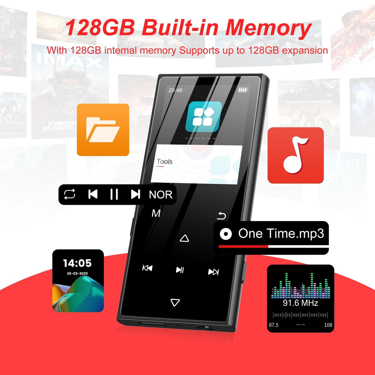 SWOFY 128GB MP3 player with Bluetooth 5.3 and a 1.8-inch screen, HiFi music, kids MP3 player with speaker, FM radio, e-book function, recording function (black)