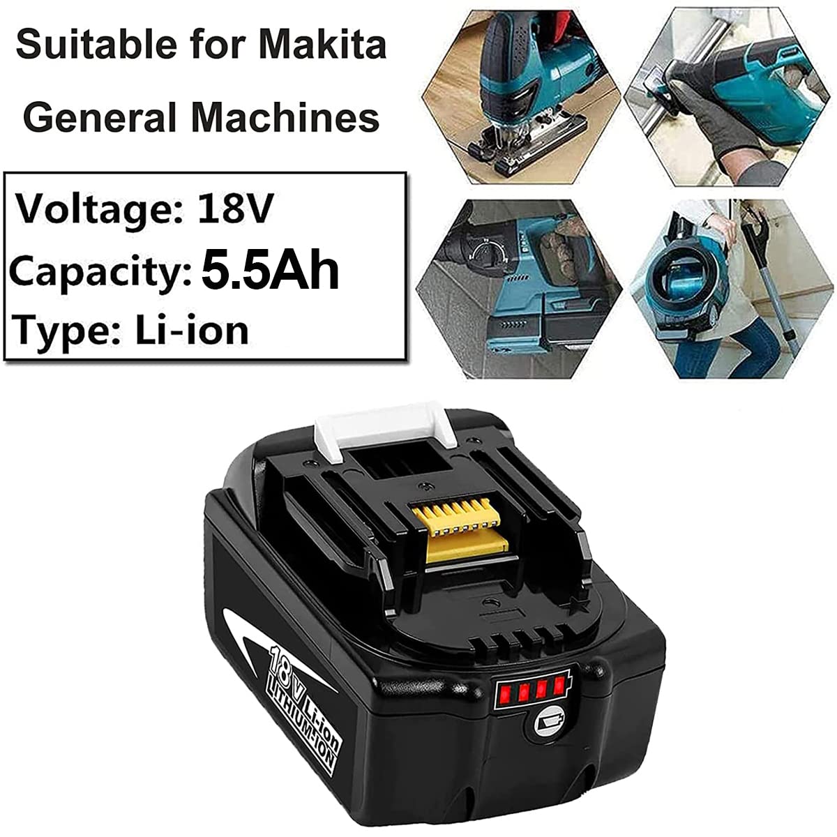 2 pieces battery replacement for Makita 18V battery 5.5Ah, BL1860B BL1850B for construction site radio DMR108 DMR110 DMR107 DMR112 DMR104 Radio with LED tool battery