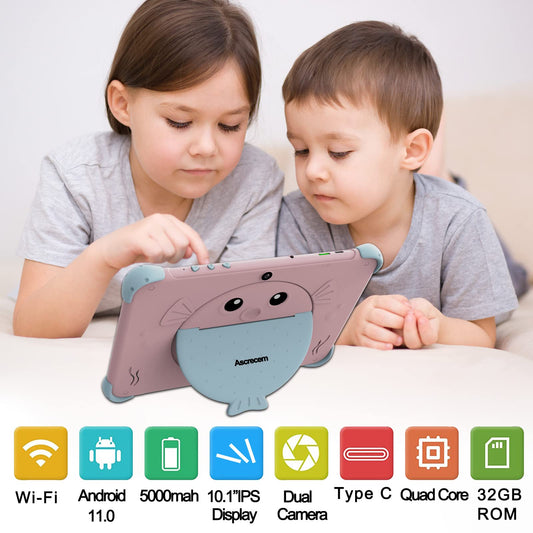10-inch Android children's tablet with WiFi, dual camera, IPS display, quad-core processor, and 32GB storage. Suitable for kids aged 3-14, with a child-proof case.