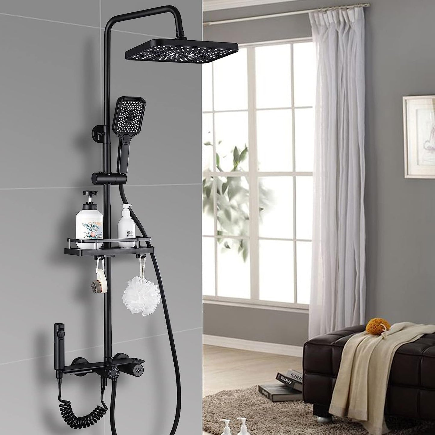 Black shower set with rain shower and hand shower, adjustable shower bar, shower set without thermostat (LED display)