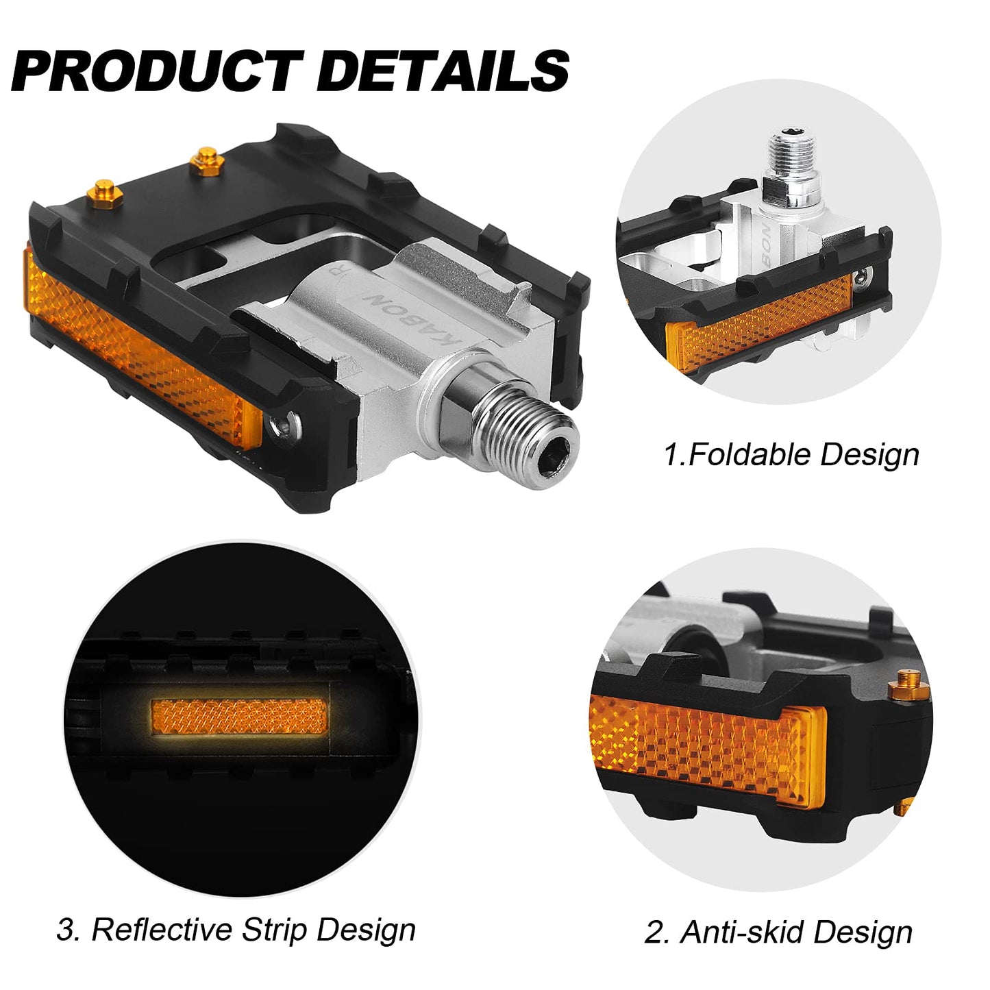 KABON foldable bike pedals anti-slip bike pedal set with reflectors waterproof bike pedals suitable for all bike types 9/16" (Black)