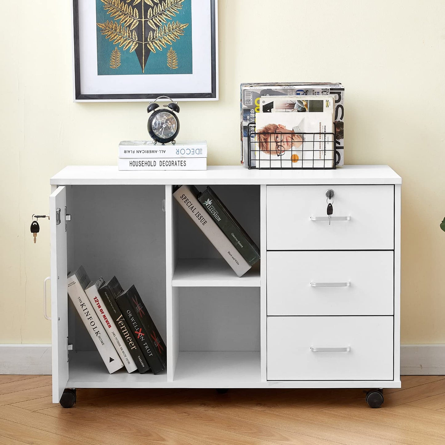 OFCASA Mobile File Cabinet with 3 drawers, lockable office rolling cabinet with wheels, 1 door, 2 shelves, 2 locks, white wood, storage cabinet for Home Office, 90 x 40 x 55 cm