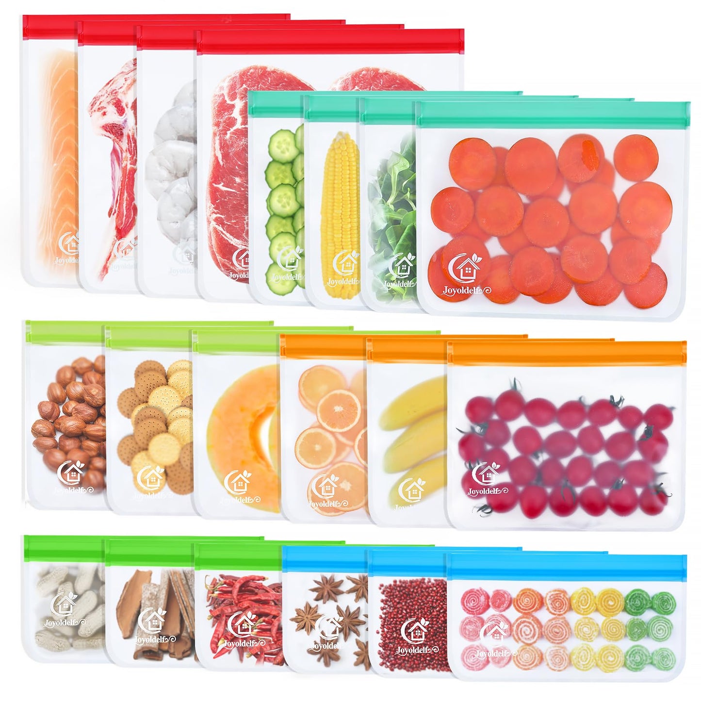 Joyoldelf Food Bag Reusable, Food Storage Bag PEVA Silicone Bag Freezer Bag Reusable, Reusable Food Ziplock Bag, Zip Bag Reusable, 20 Pieces
