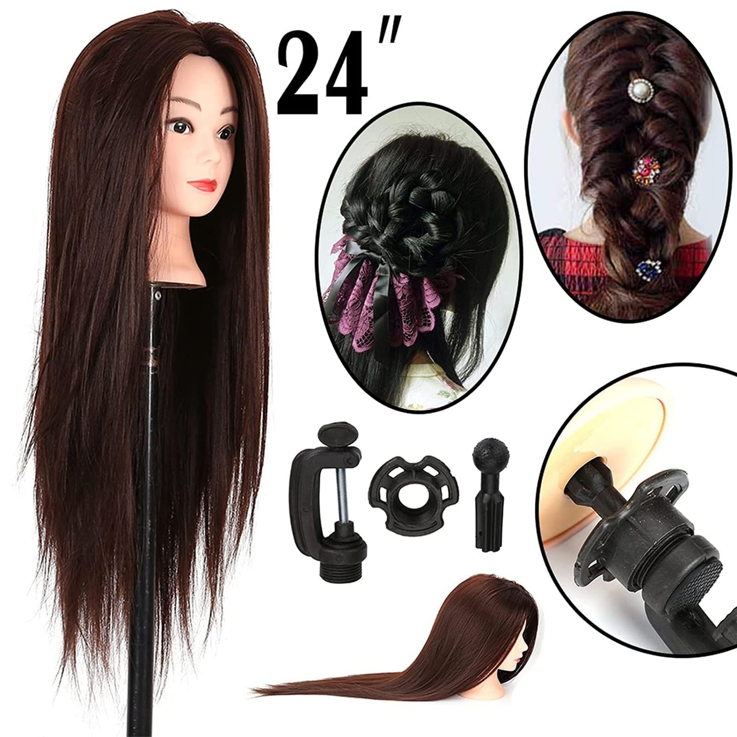 Youyijia Practice Head Training Heads 24" Mannequin Head Hair With Holder Training Head Hairstyling doll head Mannequin Head Holder (brown)