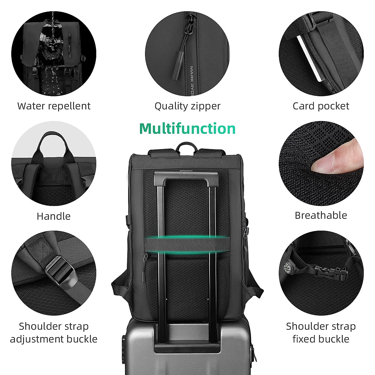 MARK RYDEN Rolltop Backpack with 3-Size-Technology, 15.6" Laptop Compartment, Water-Resistant, Compass, RFID-Blocking for Work, School, Travel, and Sports. Perfect for Men and Women.