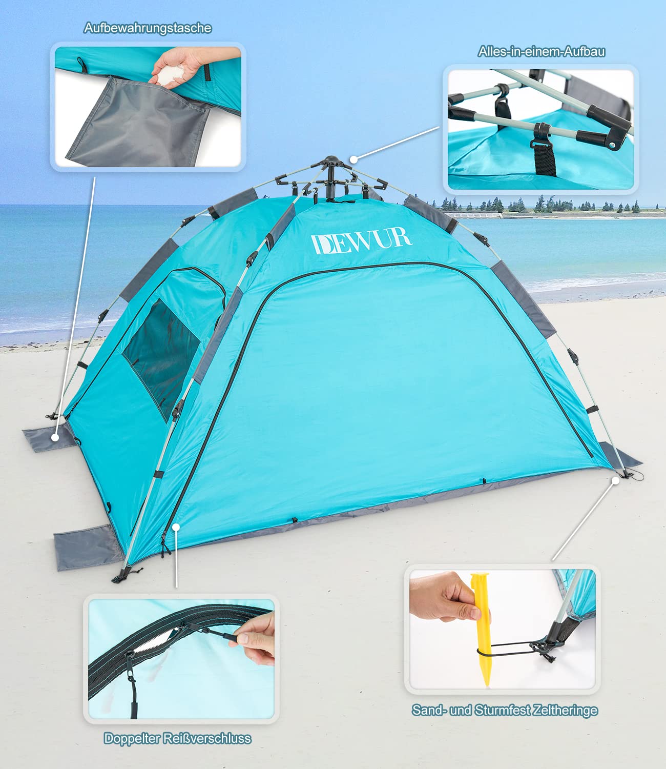 Dewur Beach Tent 2-4 People Pop Up Beach Shelter UPF 50+ UV Sun Protection Waterproof for Family Beach Camping Garden, Blue