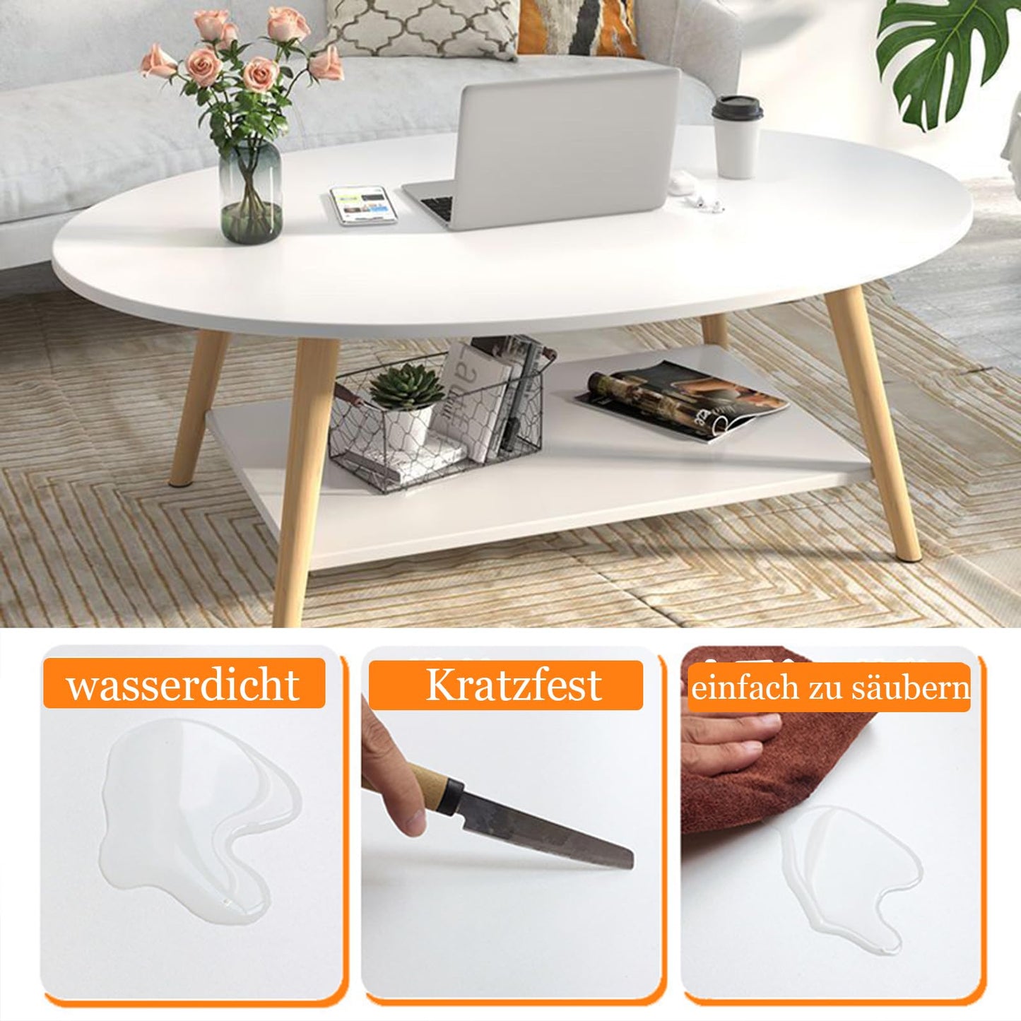 Anmas Power Double Layer Coffee Table, White Side Tables Wood, Oval Living Room Table, Pine Wood Table Legs, Sofa Tables (80 * 40 * 40)