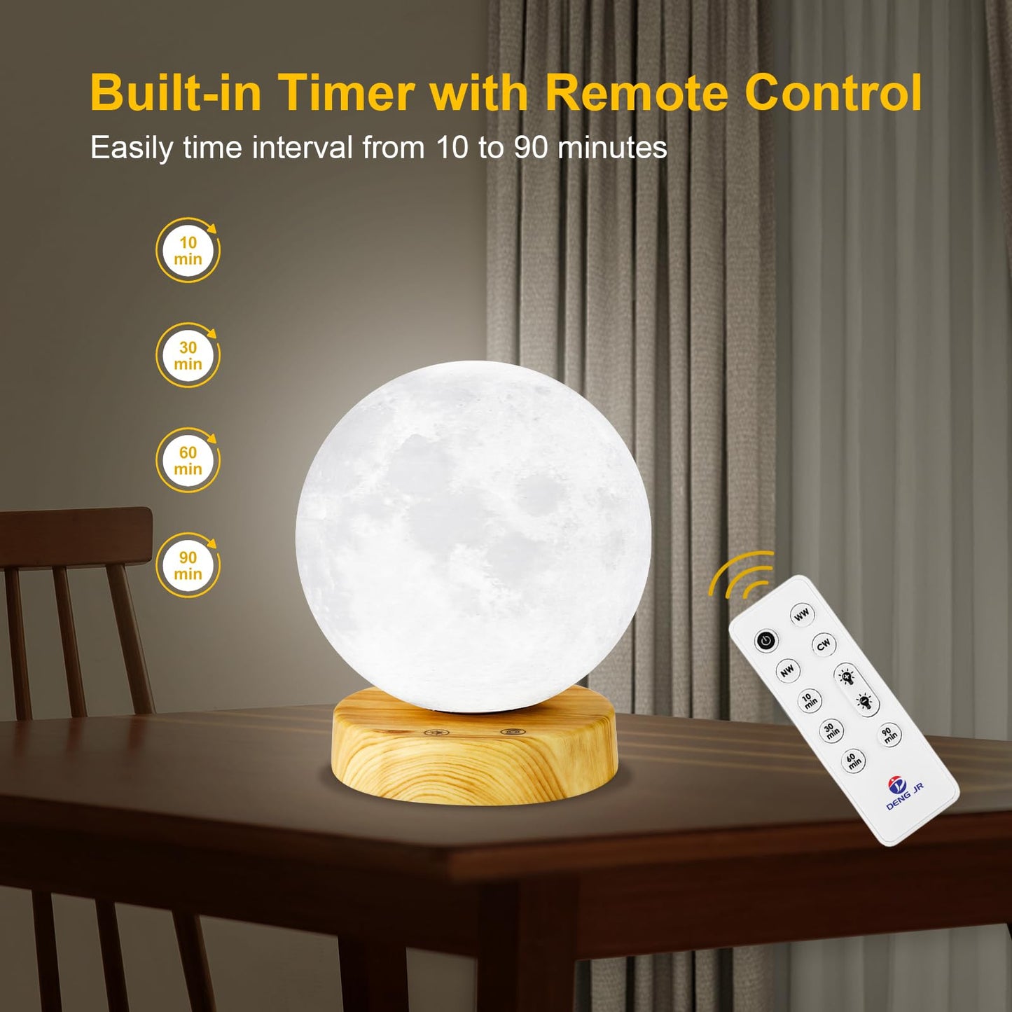 Deng Jr daylight lamp 10000 Lux Moon light therapy lamp, simulation of daylight, UV-free sunlight lamp with remote control, 3 color temperatures, adjustable light intensities, and timer