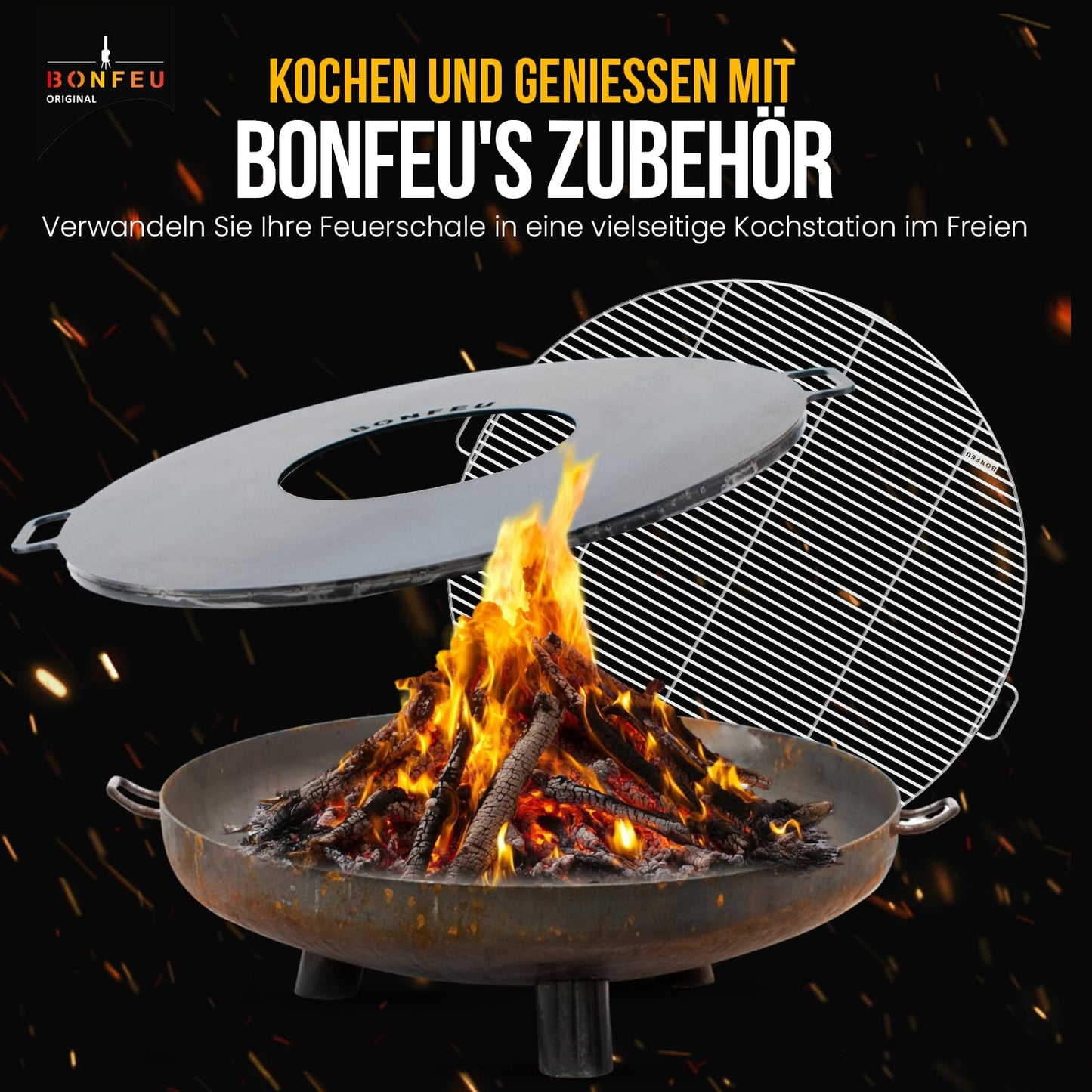 BonFeu BonBowl Plus fire bowl 80 cm - fire bowls for the garden - outdoor fire pit - fire bowl with optional grill grate made of high-quality Corten steel - fire basket for the garden - 80x80x23.5cm
