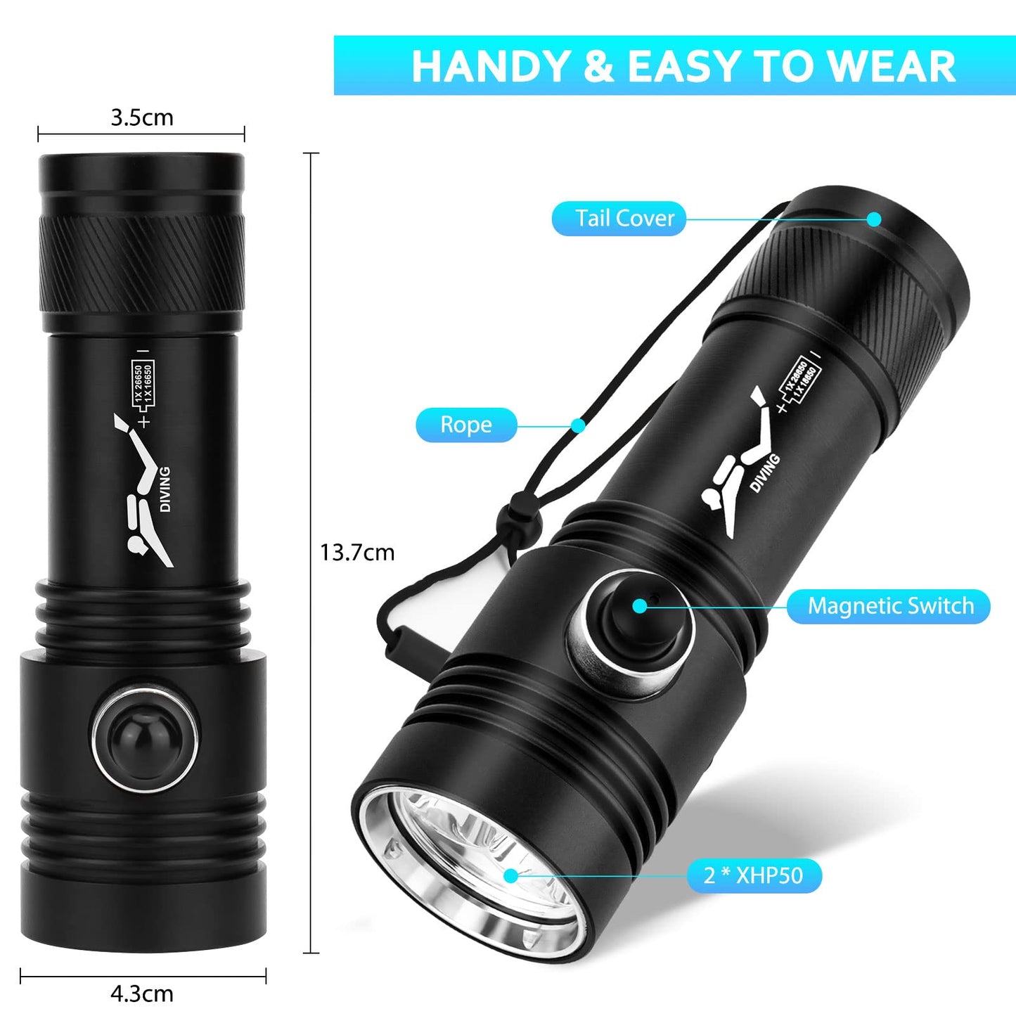 Kriogor 2600 Lumens Diving Flashlight, Underwater Submarine Light with 2 Modes, IPX7 Waterproof LED Dive Torch for Underwater, Outdoor (Battery not included)