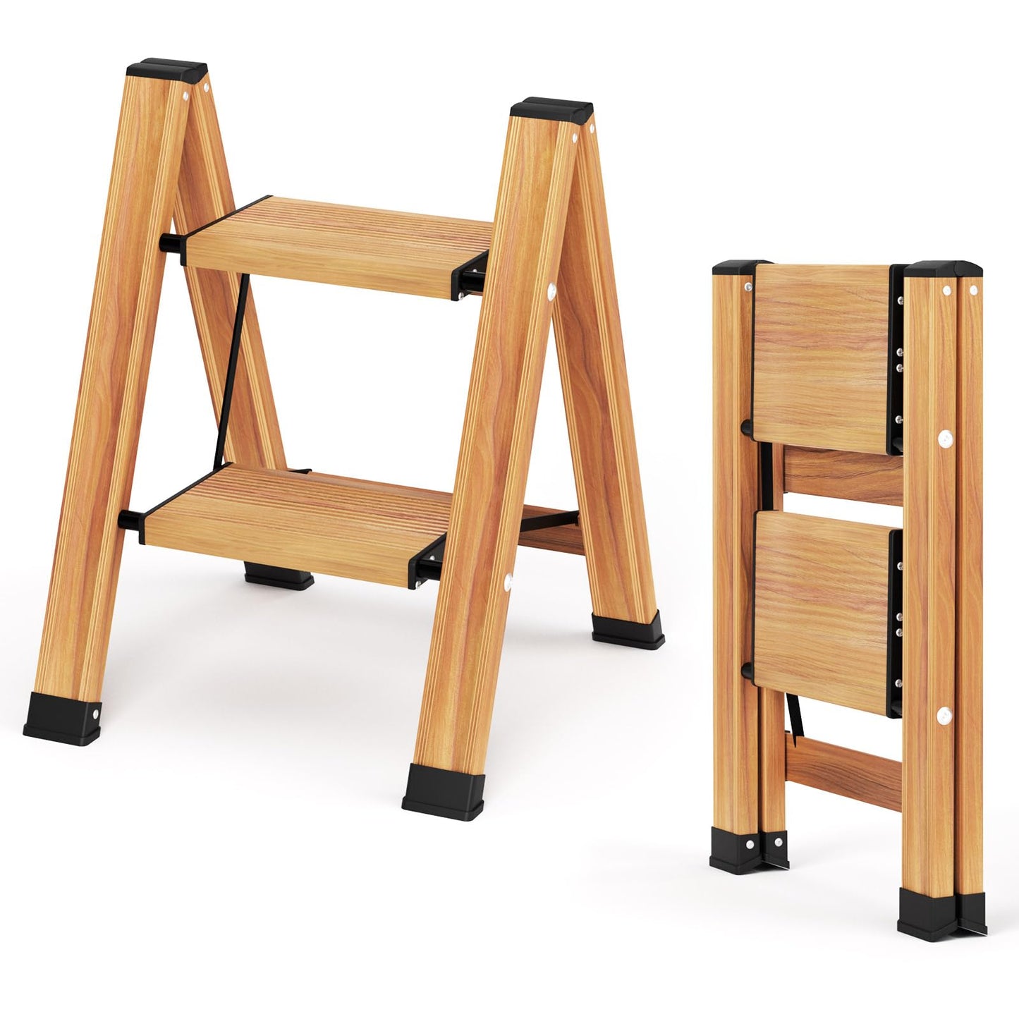 KULACO Folding 2 Step Ladder, Aluminum Foldable Ladder, Portable Step Ladder, Non-Slip Household Ladder, Multifunctional Ladder with Wood Grain Design for Home and Camping, Supports up to 150 kg.