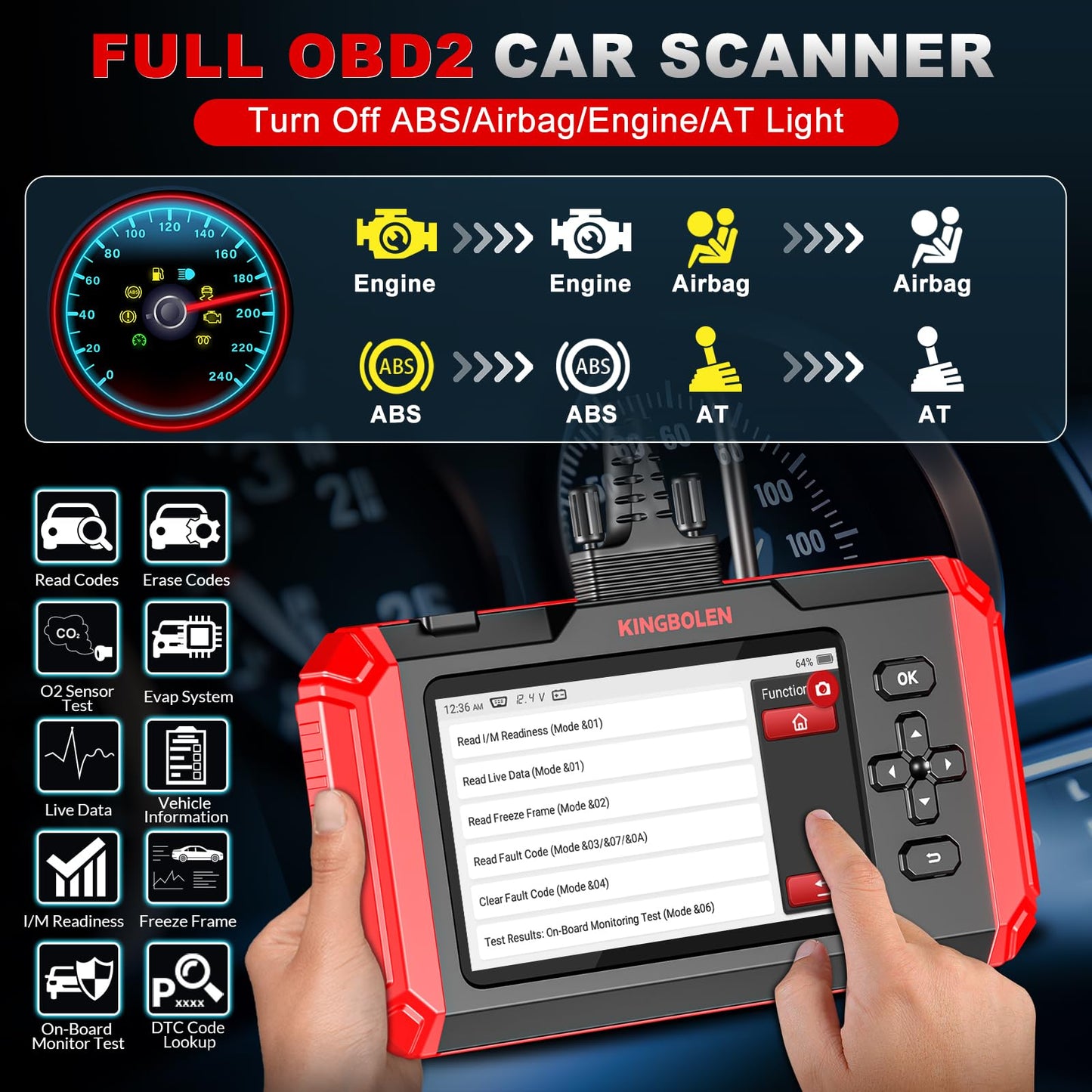 KINGBOLEN S500 OBD2 diagnostic tool, Automotive error code reader for Engine/Transmission/ABS/SRS, Auto diagnostic tool with Oil, SAS, Brake, ETS reset, Auto VIN, Lifetime Free Upgrade.