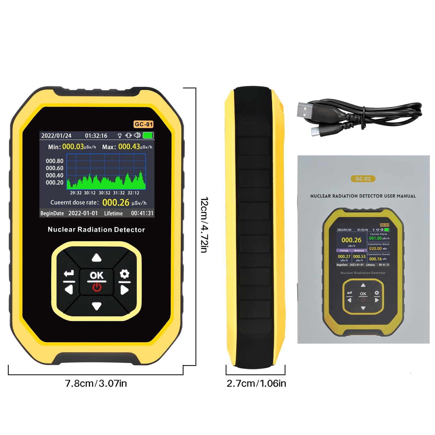 SURLABA Nuclear Radiation Detector, Geiger Counter Dosimeter Measurement of Beta Gamma X-rays, Radioactivity Radiation Meter Portable Real-time Monitoring Device with Sound Light Vibration Alarm