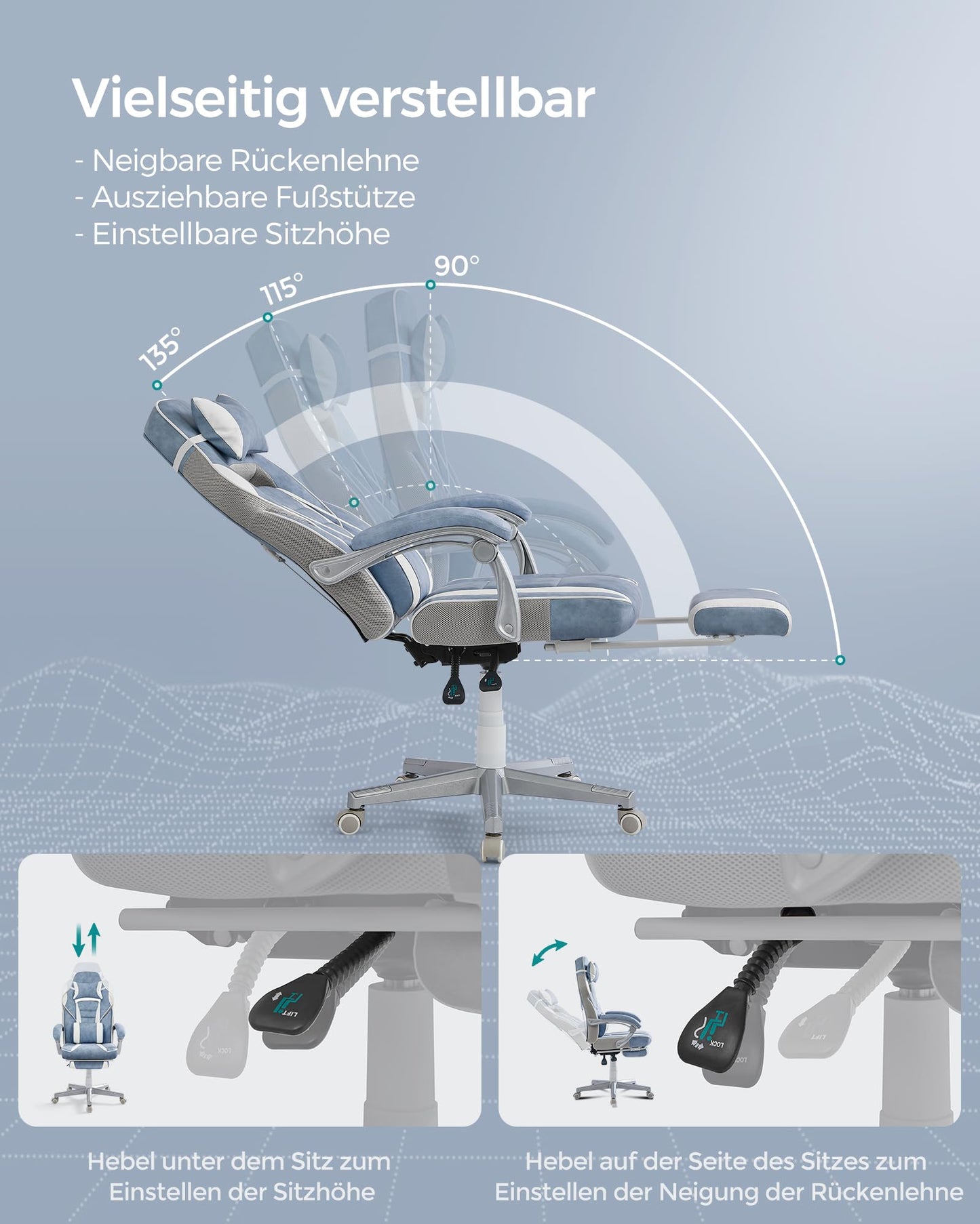 SONGMICS Office Chair with extendable footrest, headrest, lumbar support, adjustable height, ergonomic design, tiltable backrest, and weight capacity up to 330 lbs, sea blue-cream white OBG073Q01.