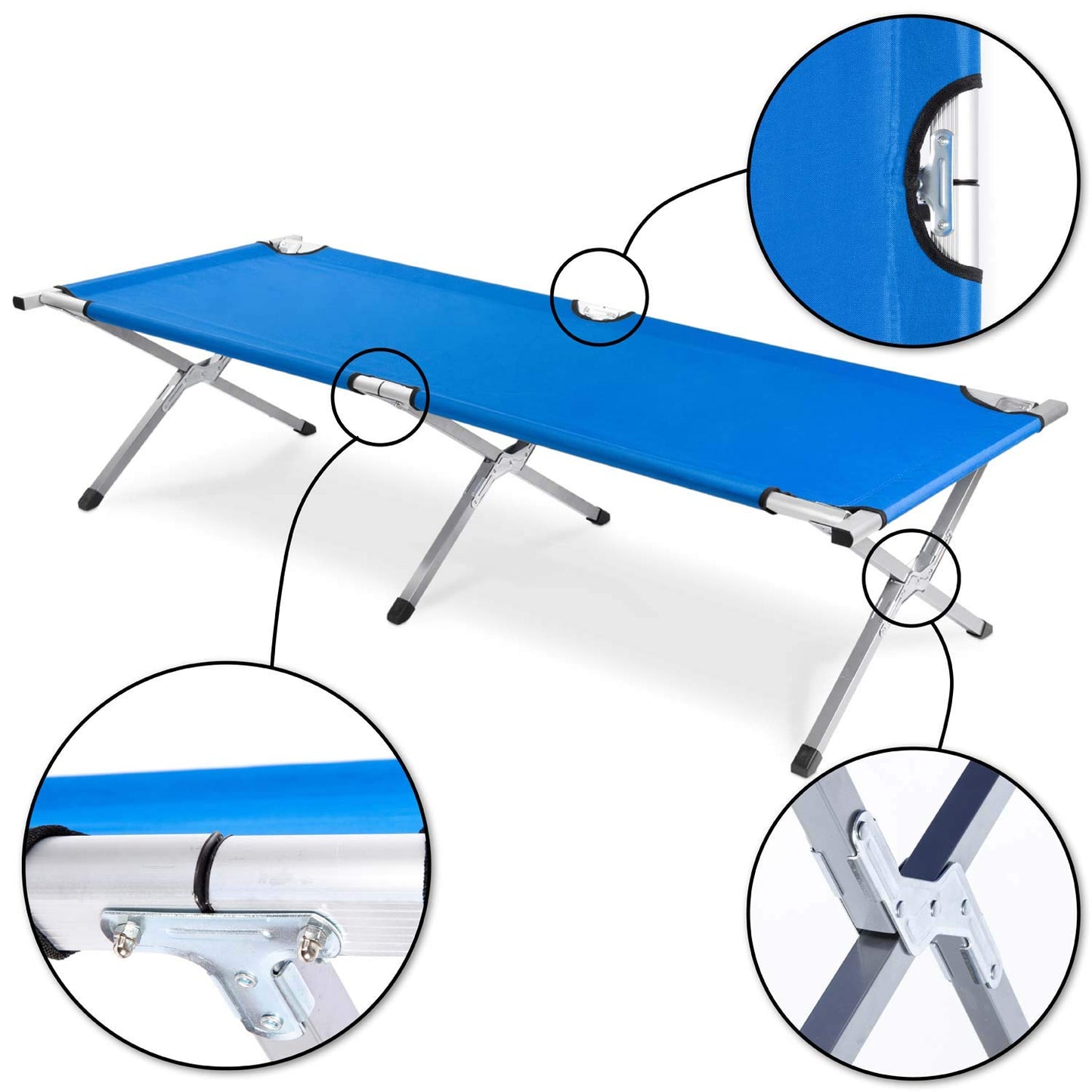 Foldable aluminum army field bed - folding camping bed & guest bed (Blue)