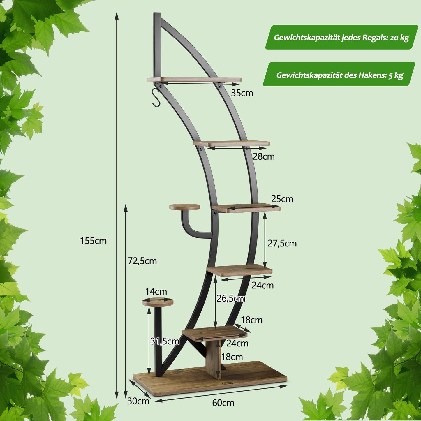 GOPLUS 6-tier Flower Stand Metal, half-moon Plant Stand with Shelves & Hooks, Plant Rack Flower Shelf Flower Stairs Plant Stairs for Living Room, Bedroom, Balcony (Brown, 2)