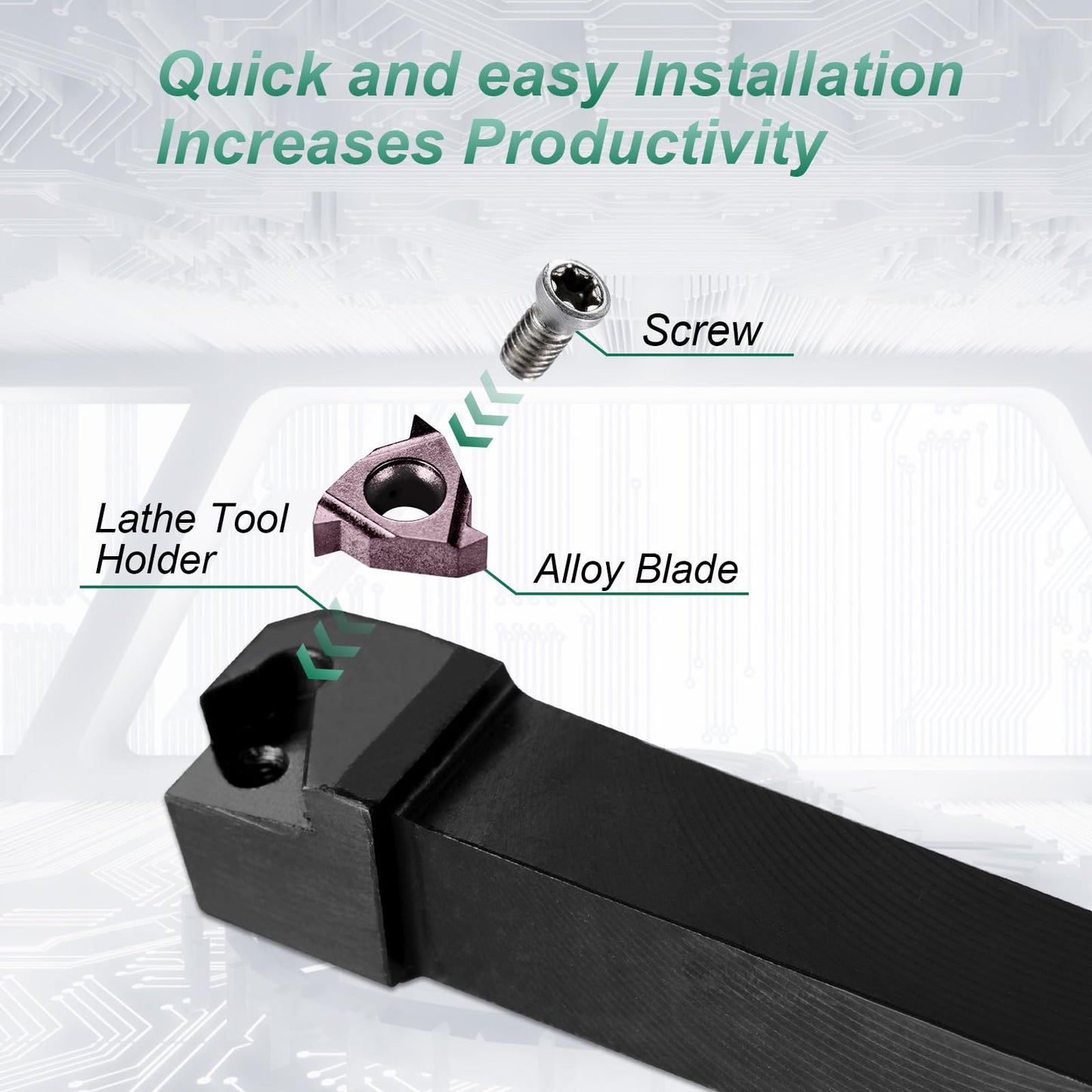 21 piece indexable turning tool set with boring bar, turning tool, and turning tool holder. Includes 7 turning tool holders, 7 carbide inserts, and 7 wrenches (10 mm).