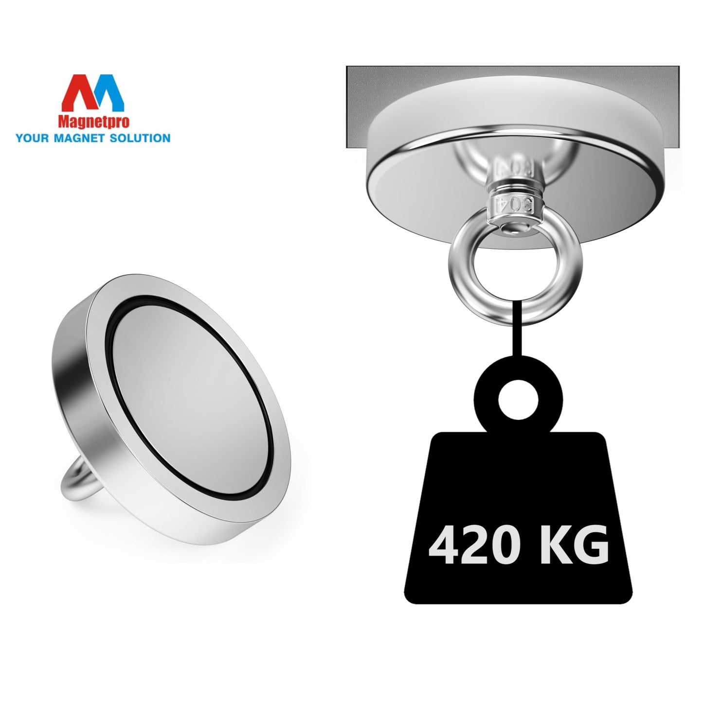Magnetpro fishing magnet with over 420 kg pulling force. Super strong neodymium magnets, heavy-duty rare earth magnets with eye bolt, 90 mm diameter for magnet fishing, hunting, retrieving in rivers.