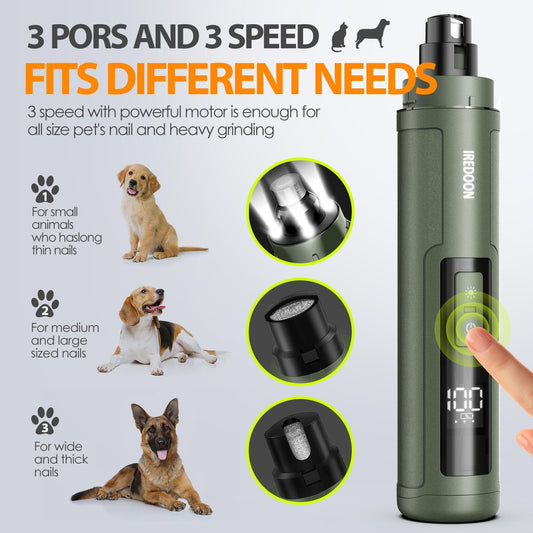 IREDOON Professional Dog Nail Grinder 3-Speed with 4 LED lights - Latest Nail Grinder with Power Indicator for Pets, Super Quiet, Rechargeable for Large, Medium, and Small Dogs