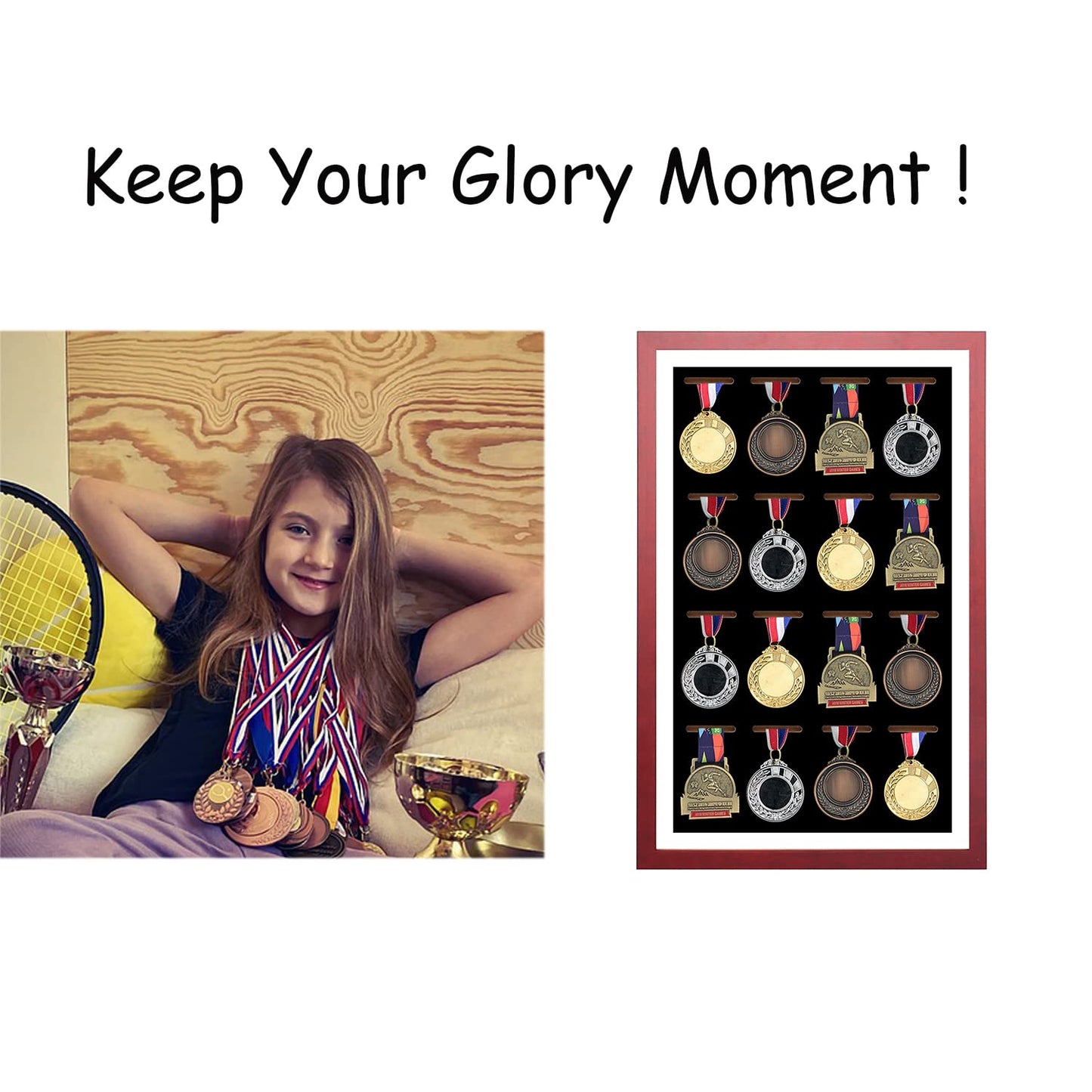 Large Medals Display Shadow Box - Medals Showcase - 16 Medals Showcase - perfect medal display for military, runners, marathoners, race winners, gymnasts, and all sports (red wood)