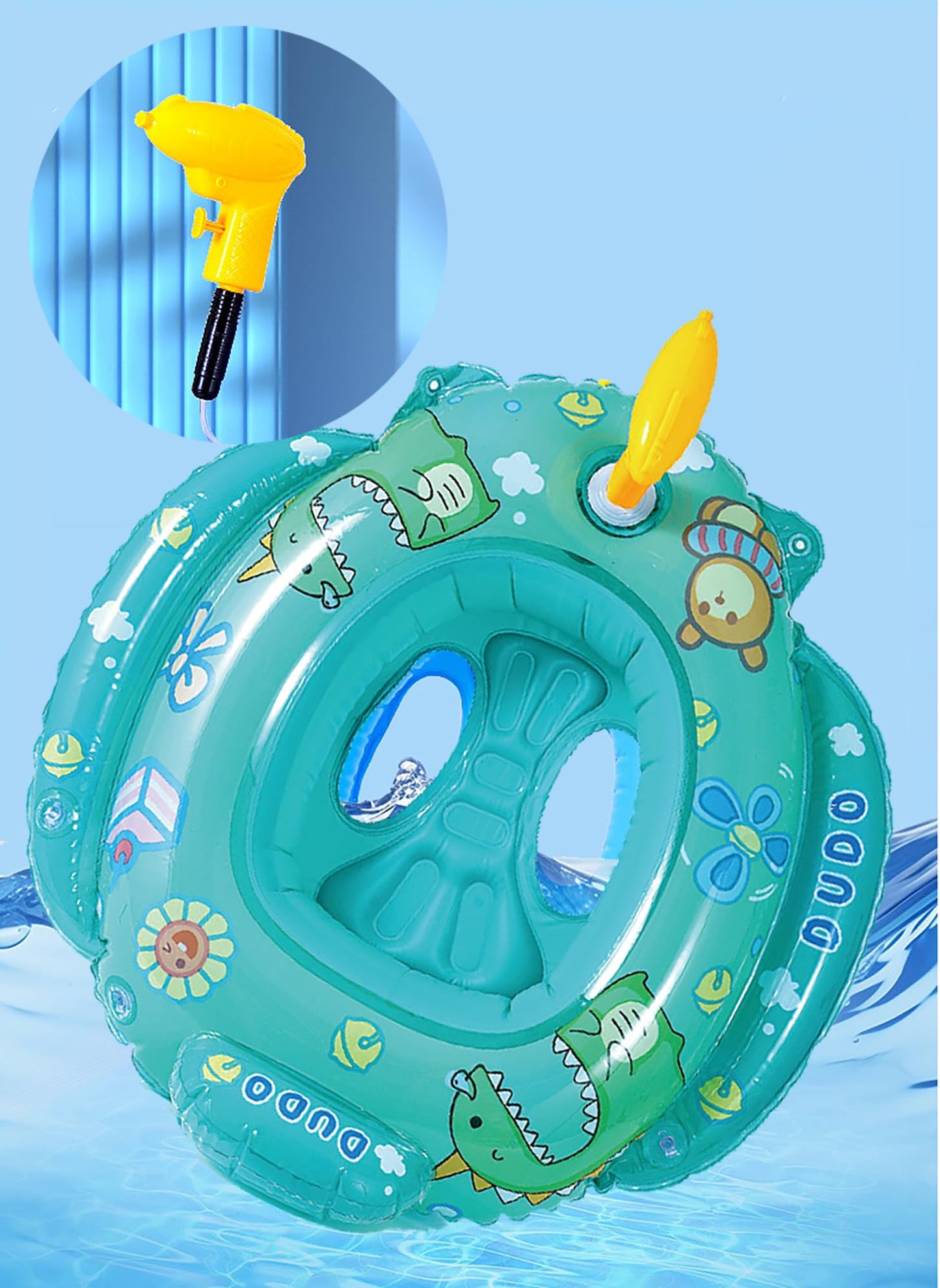 Inflatable dinosaur swim ring for kids with built-in water gun, extra thick PVC (0.25mm), for fun in the pool and at the beach.