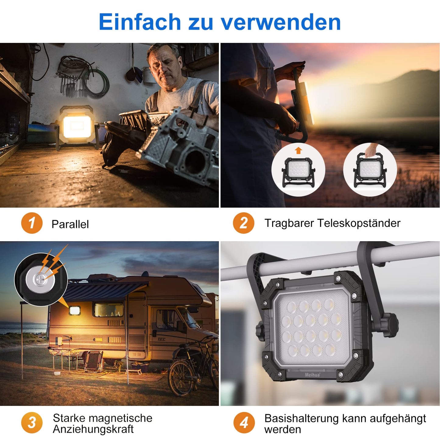 MEIHUA LED construction spotlight 60W 6400LM work light, IP66 waterproof portable rechargeable 14000mAh with adapter, 4 modes for workshop construction site garage outdoor lighting camping