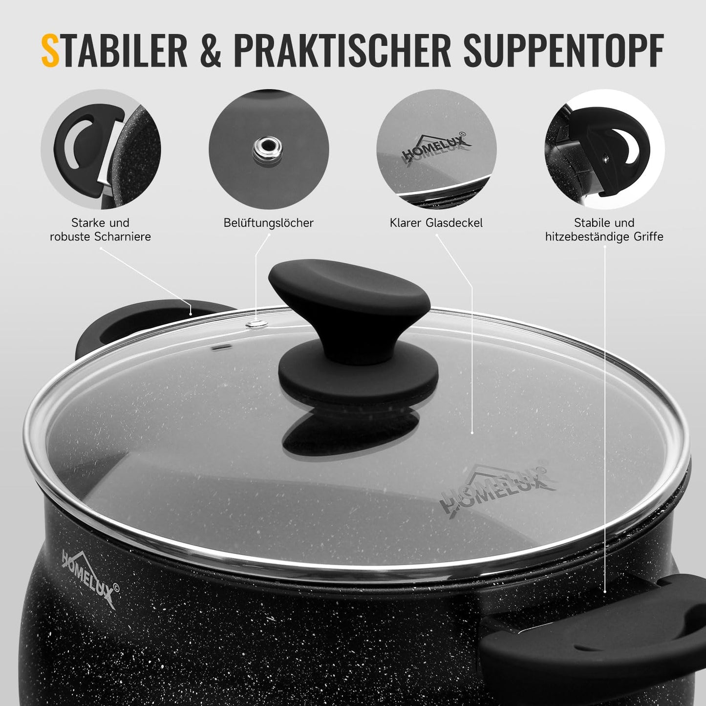 28cm cooking pot Homelux pot induction cooking pot with glass lid, non-stick coating, 12L soup pots made of aluminum for all types of stoves (H-C28)