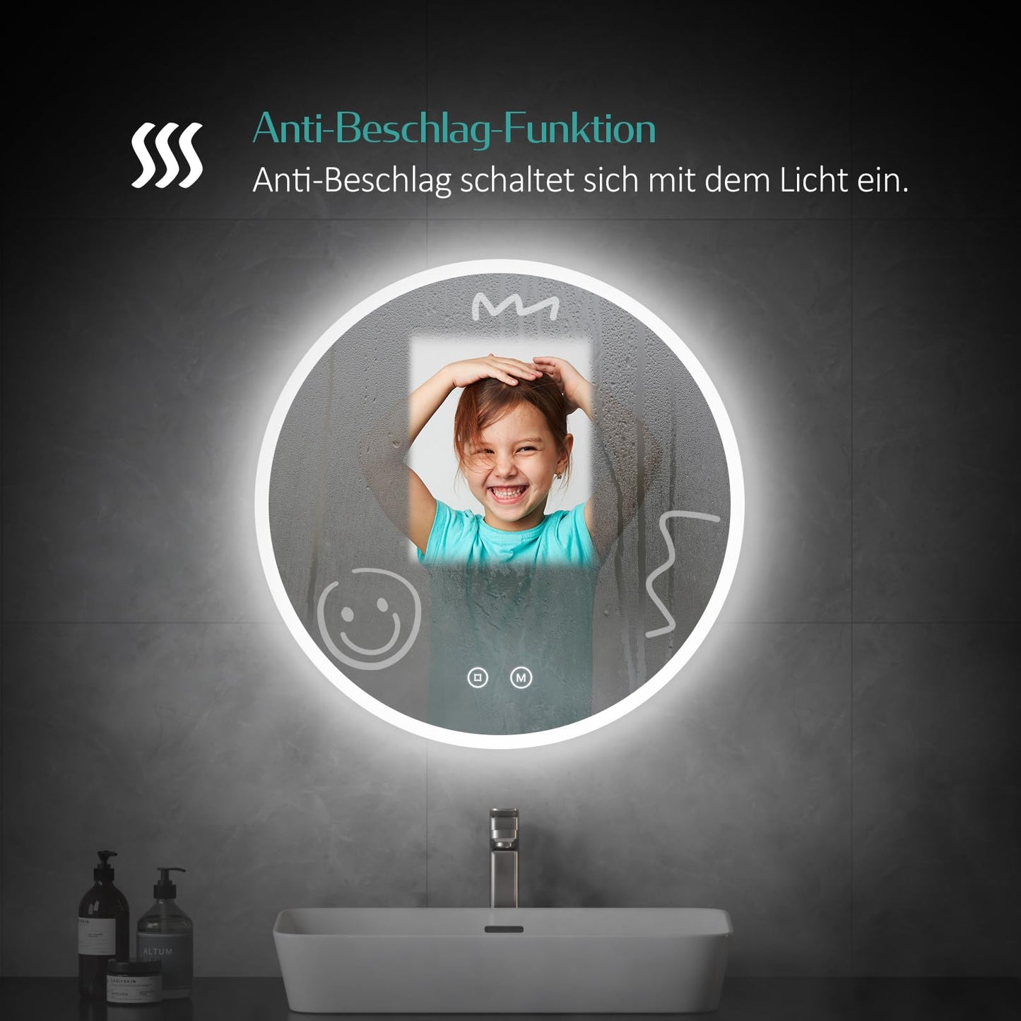 EMKE round 50cm bathroom mirror with lighting, touch switch, 3 dimmable light colors, anti-fog, memory function.