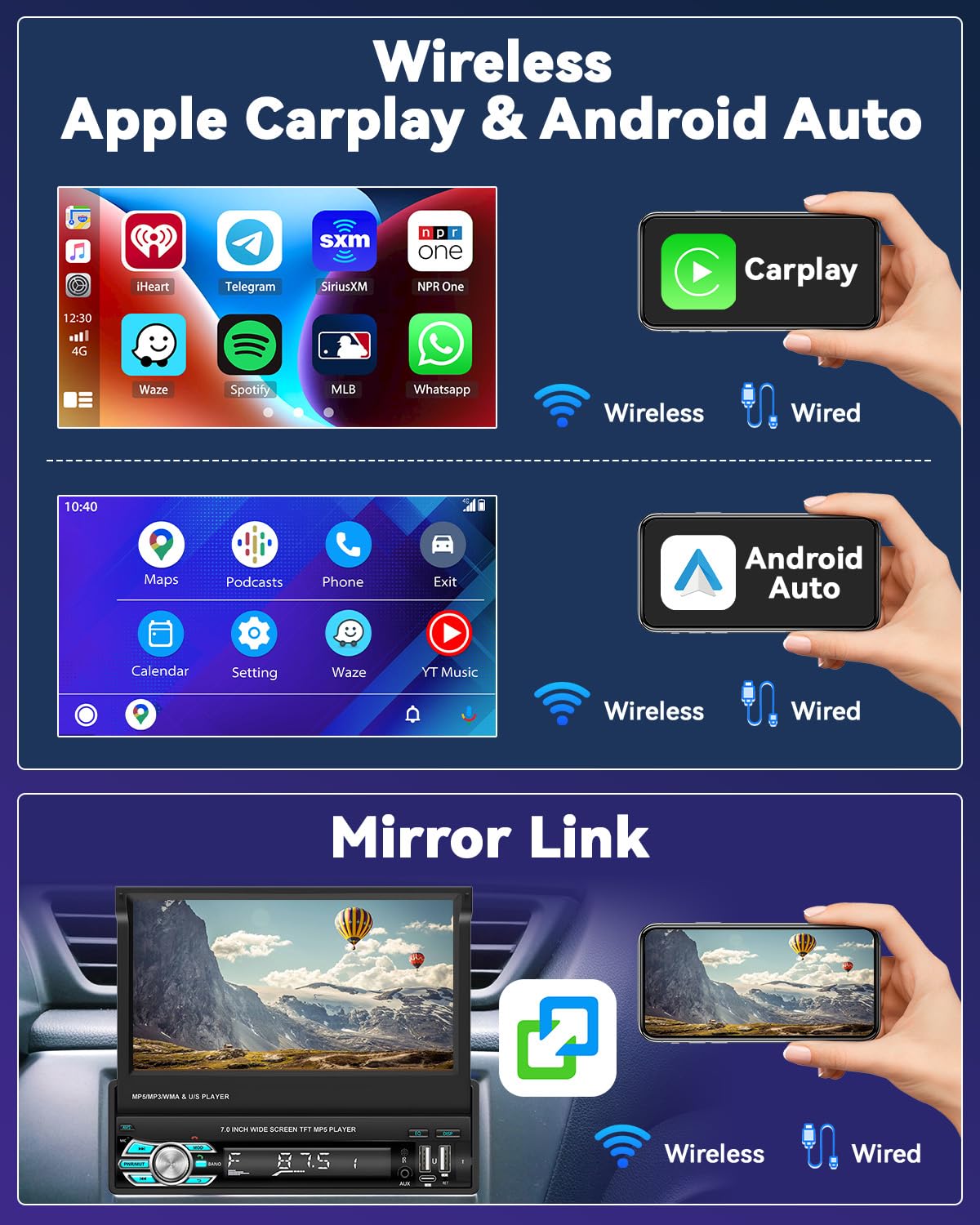 1Din wireless carplay android auto with retractable 7" screen car stereo with bluetooth hands-free calling USB Type-C interface AUX FM RDS mirror link backup camera
