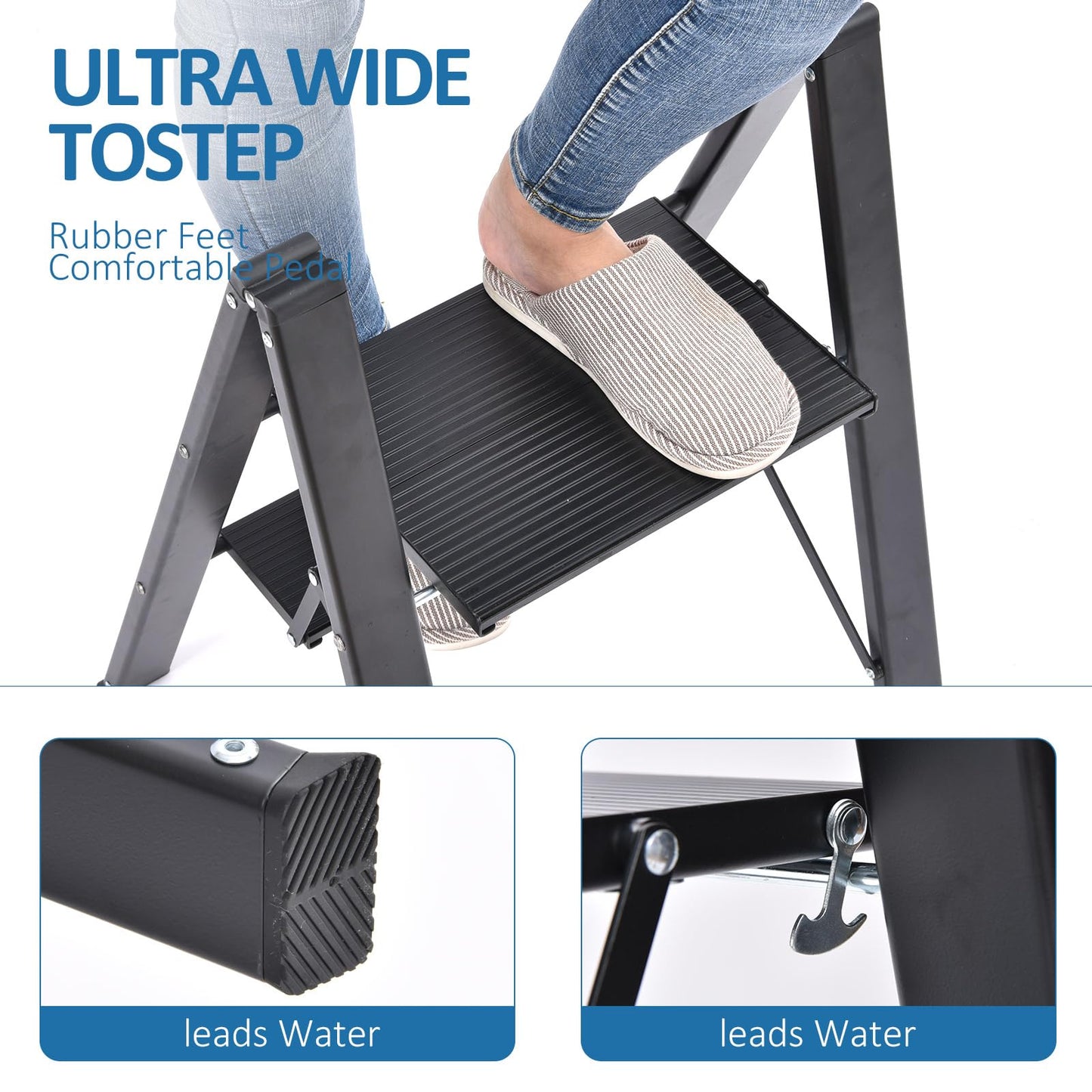 KINGRACK Step Ladder, 2 Step Stool, Folding Step Ladder with Handrail, Non-Slip Household Ladder with Folding Lock, Black Aluminum Step Stool